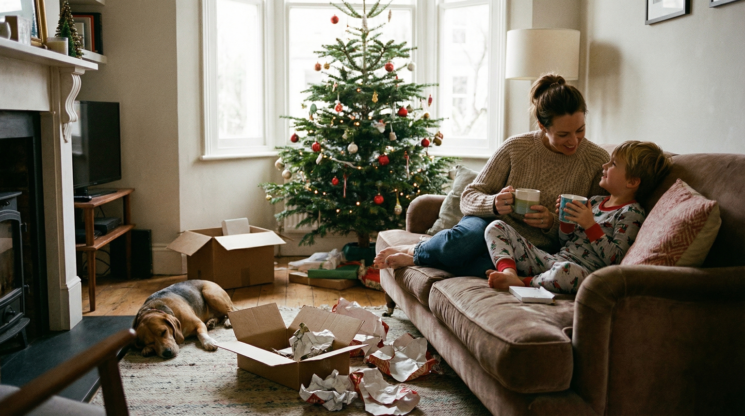 Parent and child sitting together on couch with hot chocolate mugs taking a break from gift opening