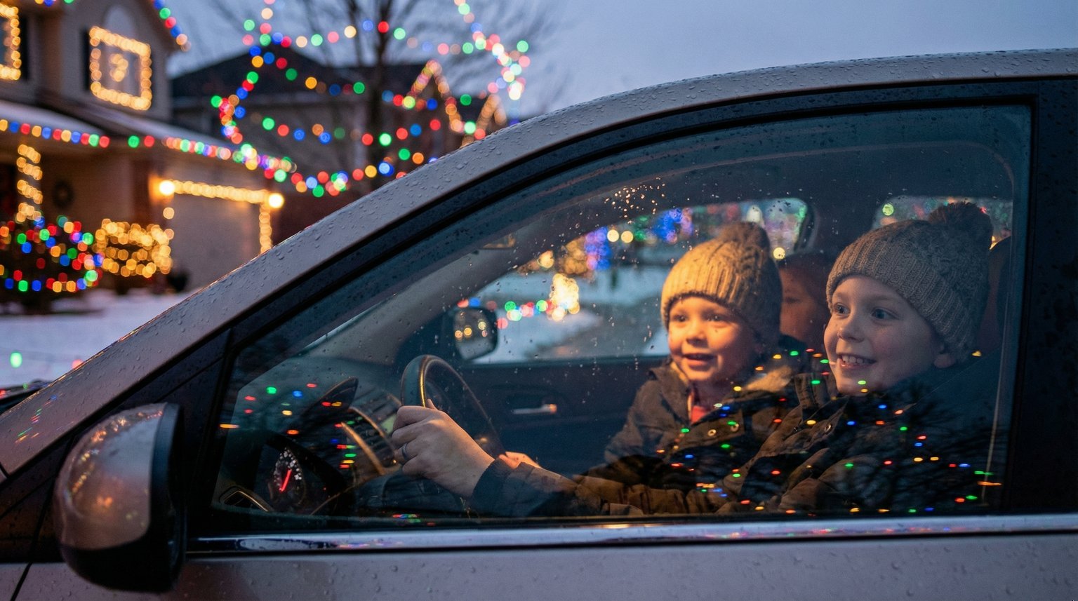 Family inside car gazing at colorful Christmas lights with wonder on children's faces