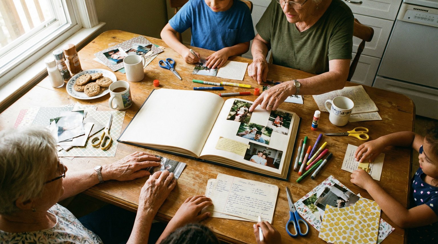 Overhead view of family hands working together on scrapbook project with photos and craft supplies