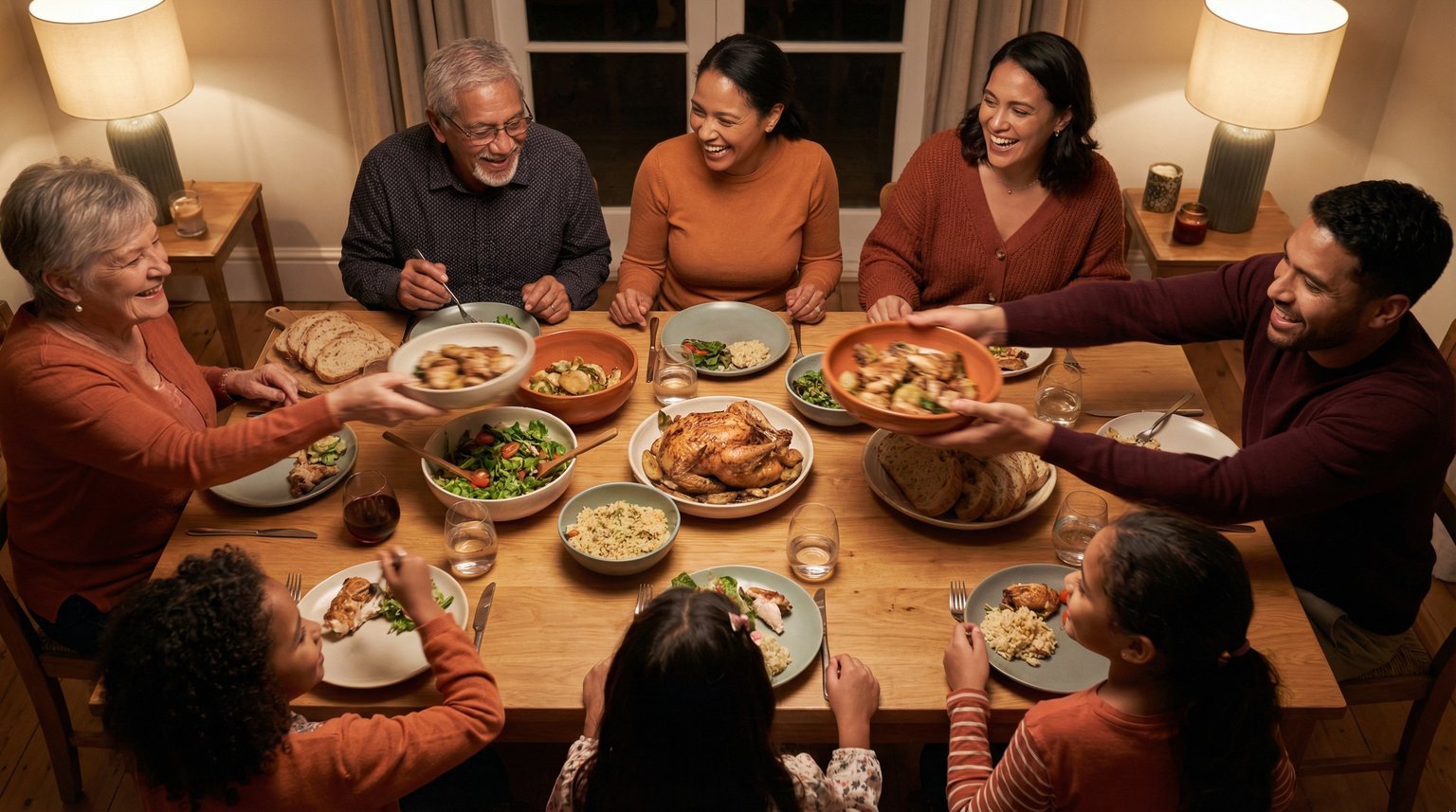 Multigenerational family passing dishes at dinner table with warm lighting and genuine laughter