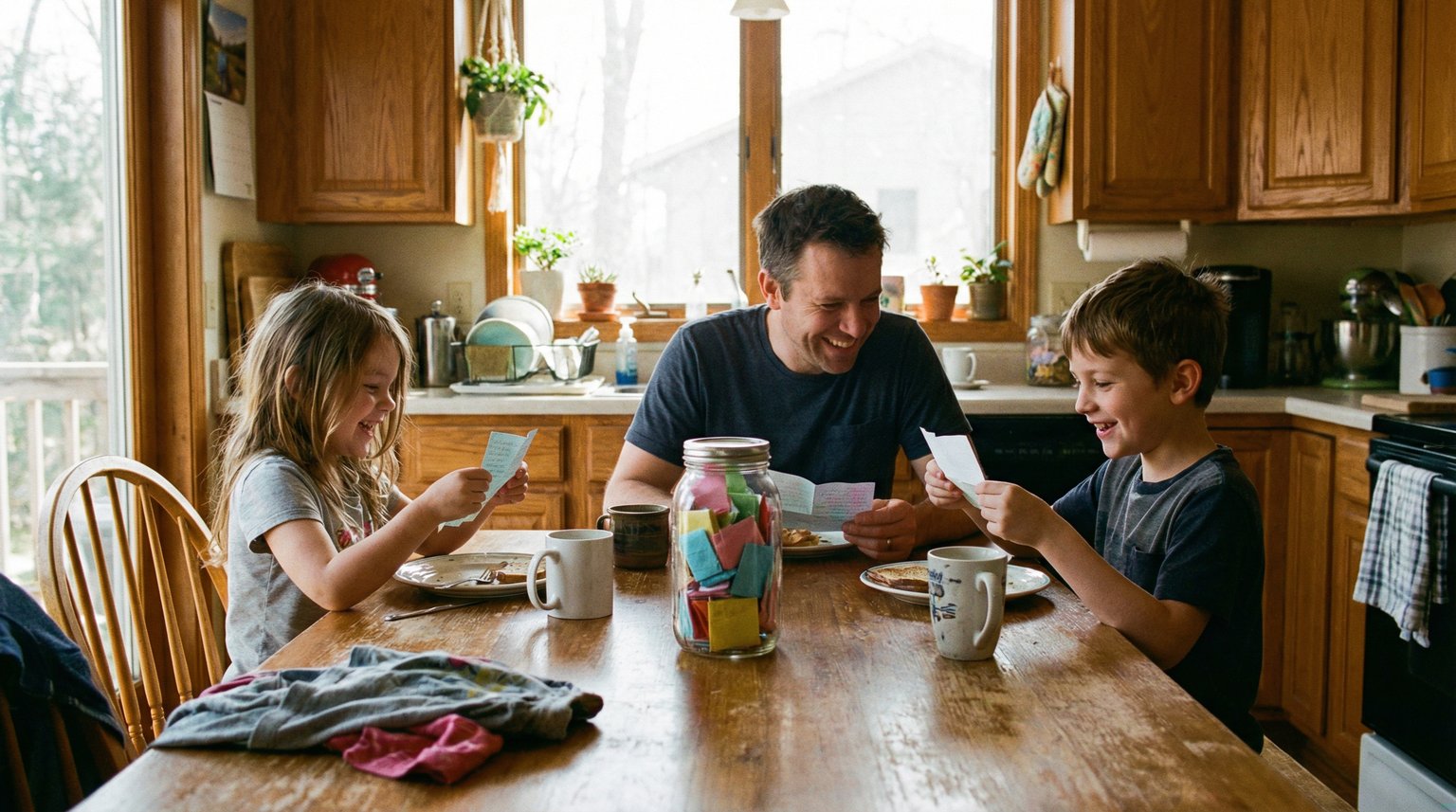 Family gathered around kitchen table reading gratitude notes from mason jar together