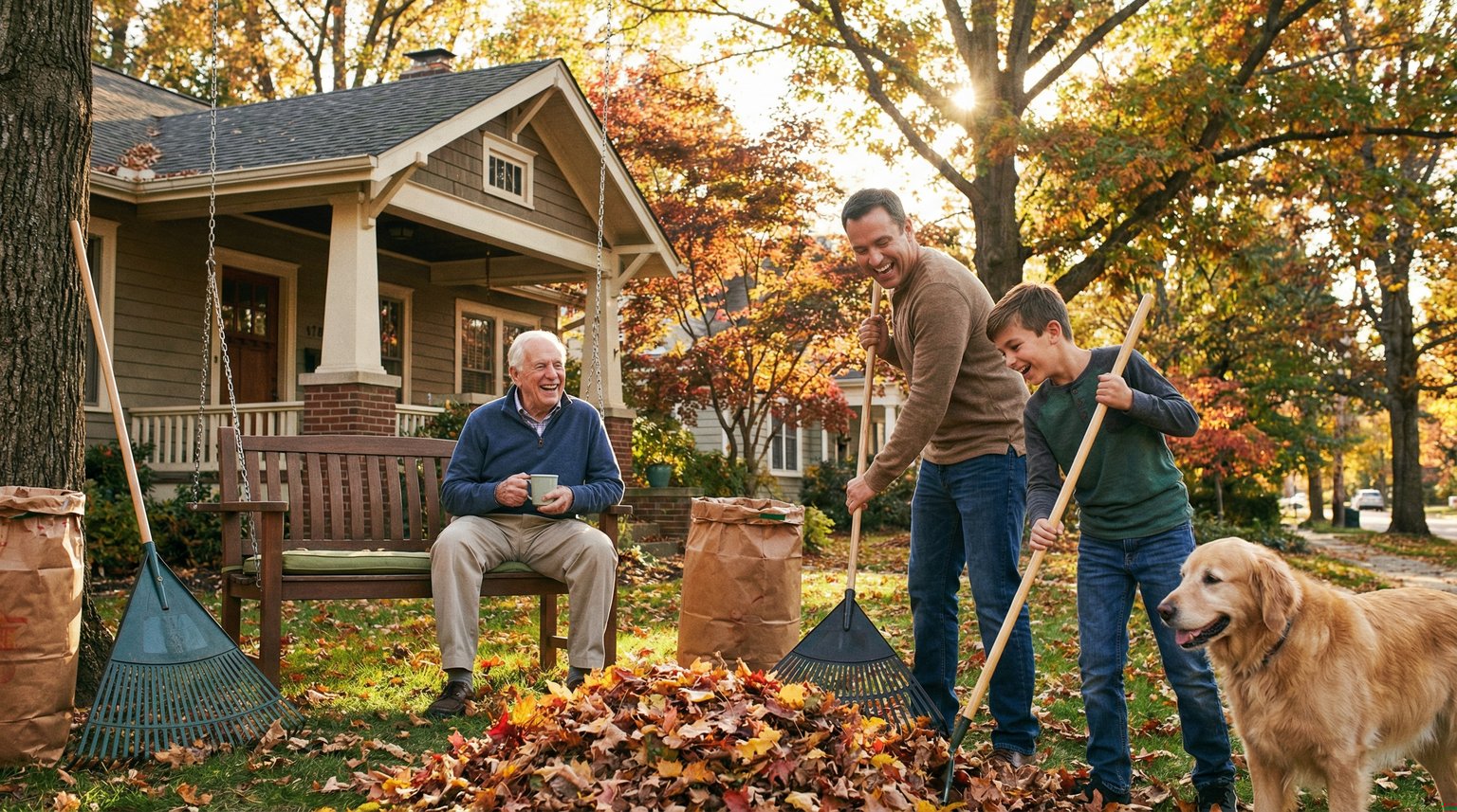 Multigenerational family helping elderly neighbor with yard work in autumn suburban neighborhood