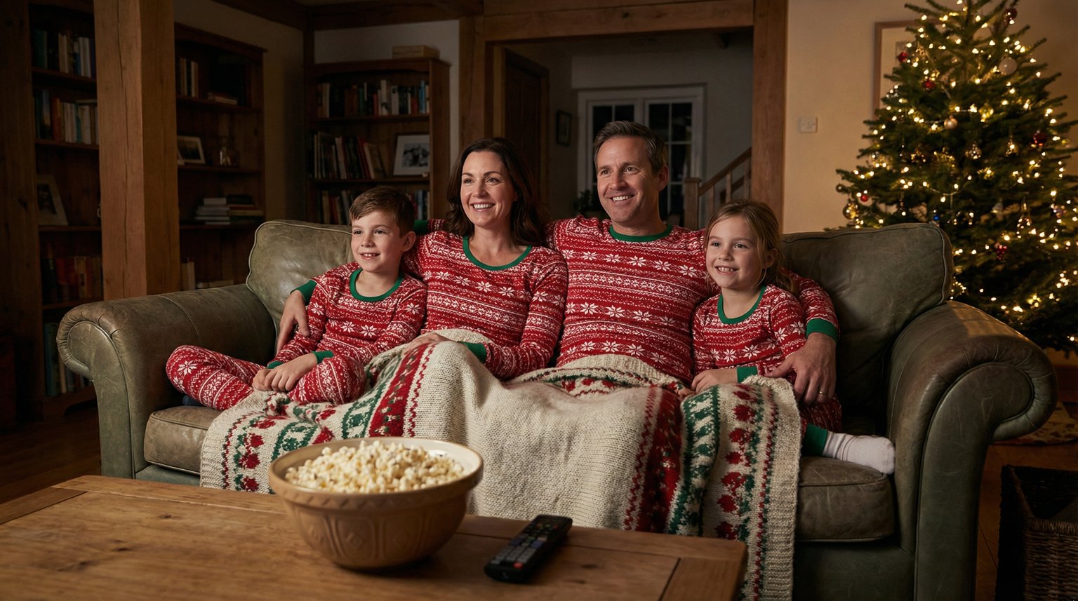 Family of four in matching Christmas pajamas snuggled on couch with popcorn watching movie