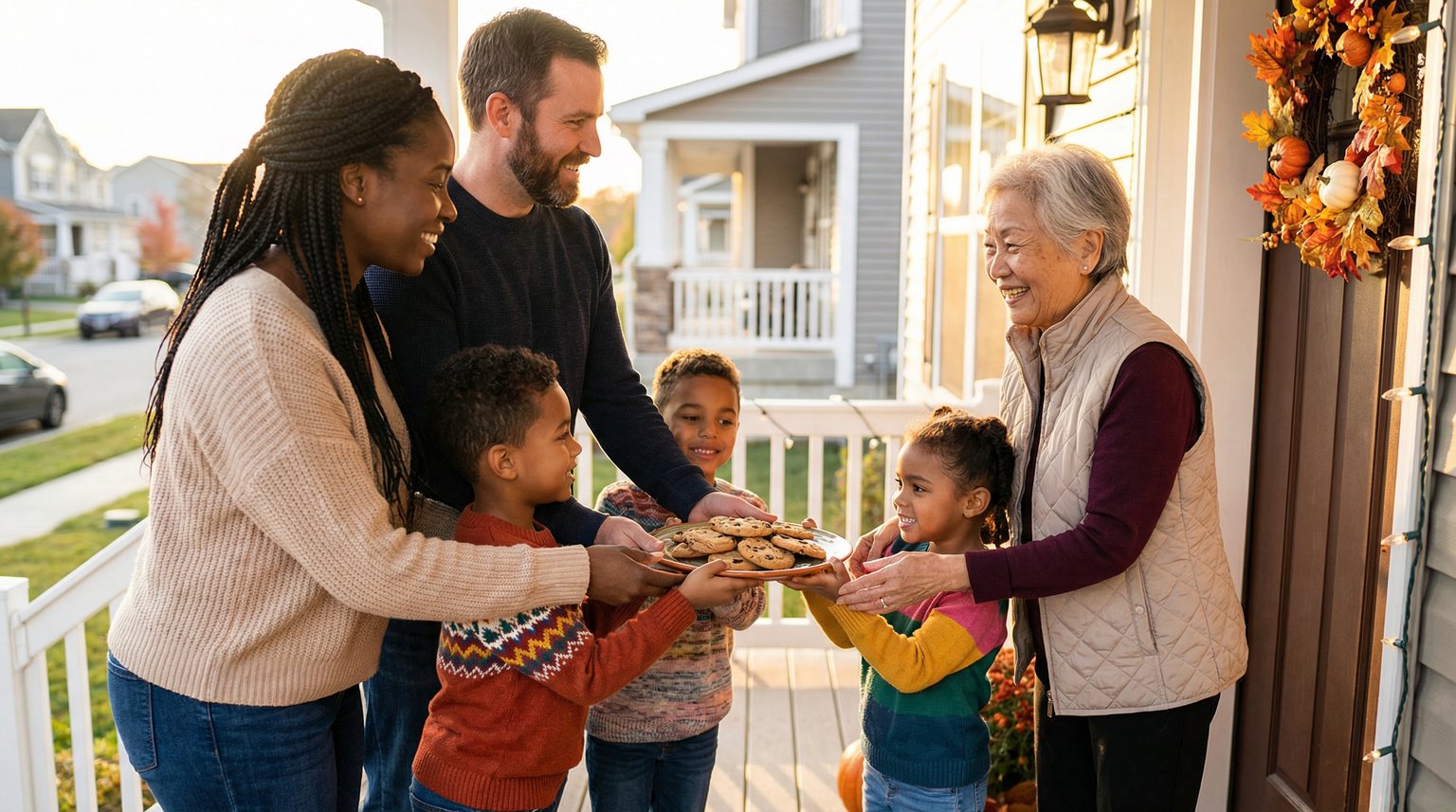 Diverse family at front door handing plate of cookies to smiling elderly neighbor with young children helping