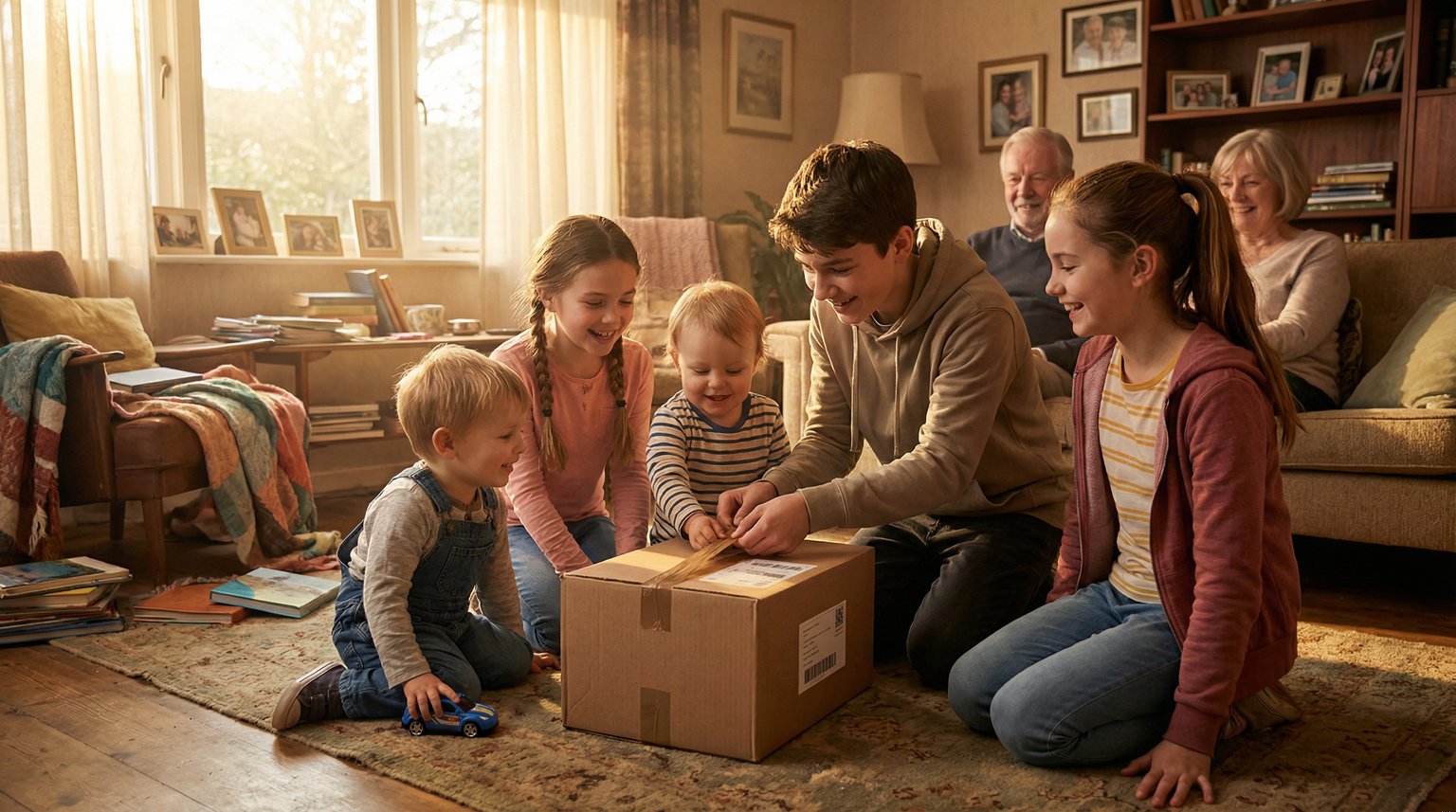 Multi-generational family gathered around delivered package with older sibling helping younger one open it