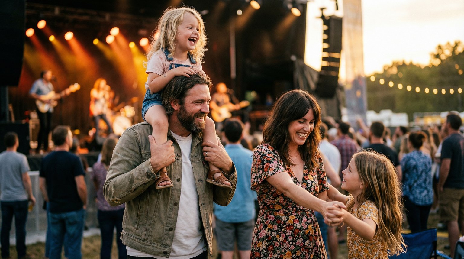 Family of four at outdoor concert with child on fathers shoulders dancing together