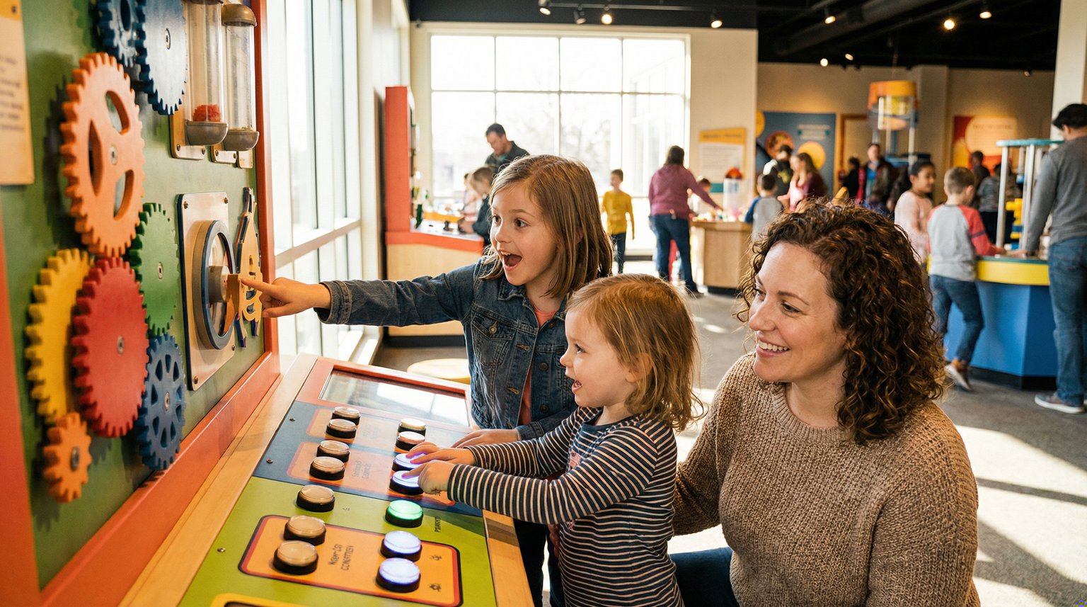 Mother and two children exploring hands-on science museum exhibit with wonder