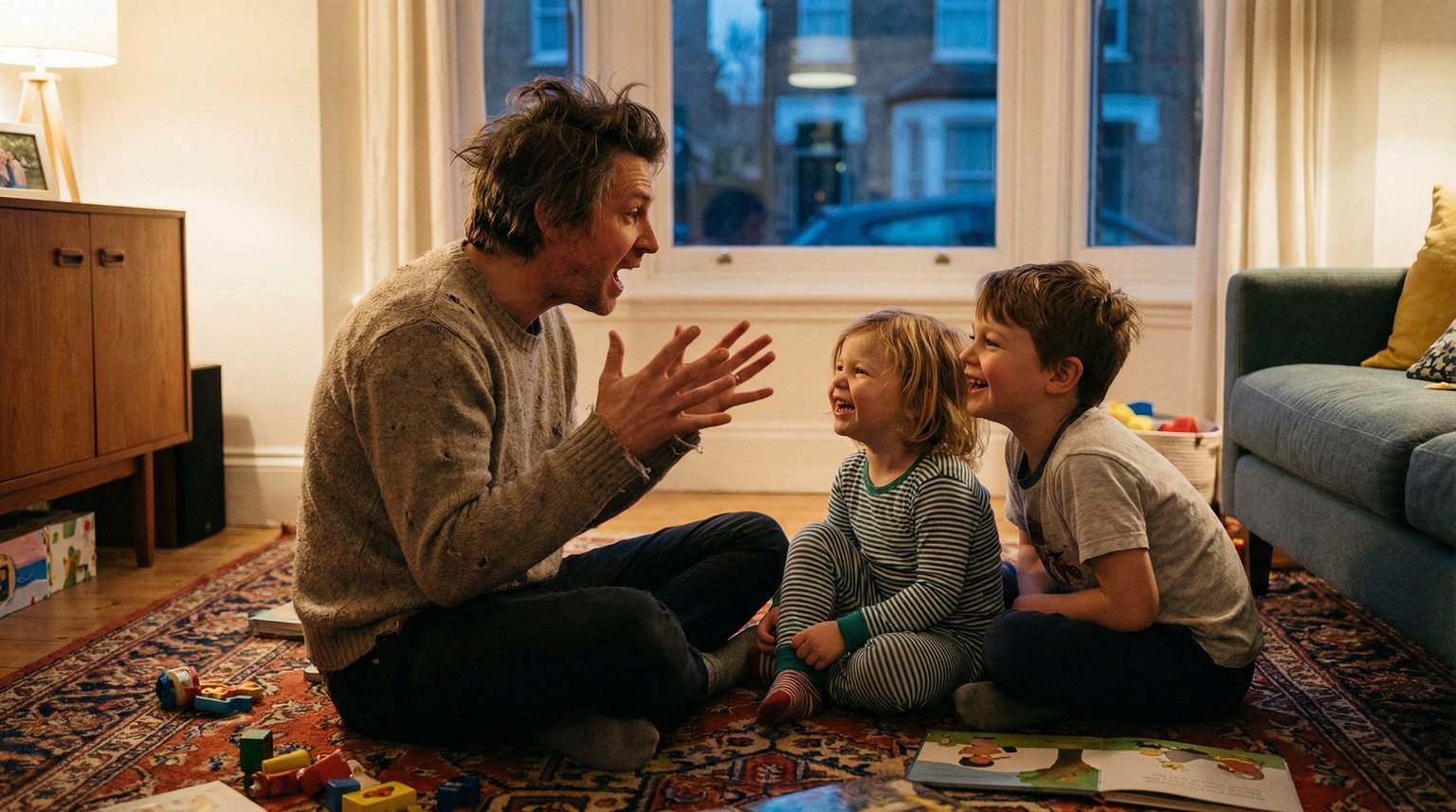 Parent sitting on floor with two young children animatedly telling stories together with genuine laughter