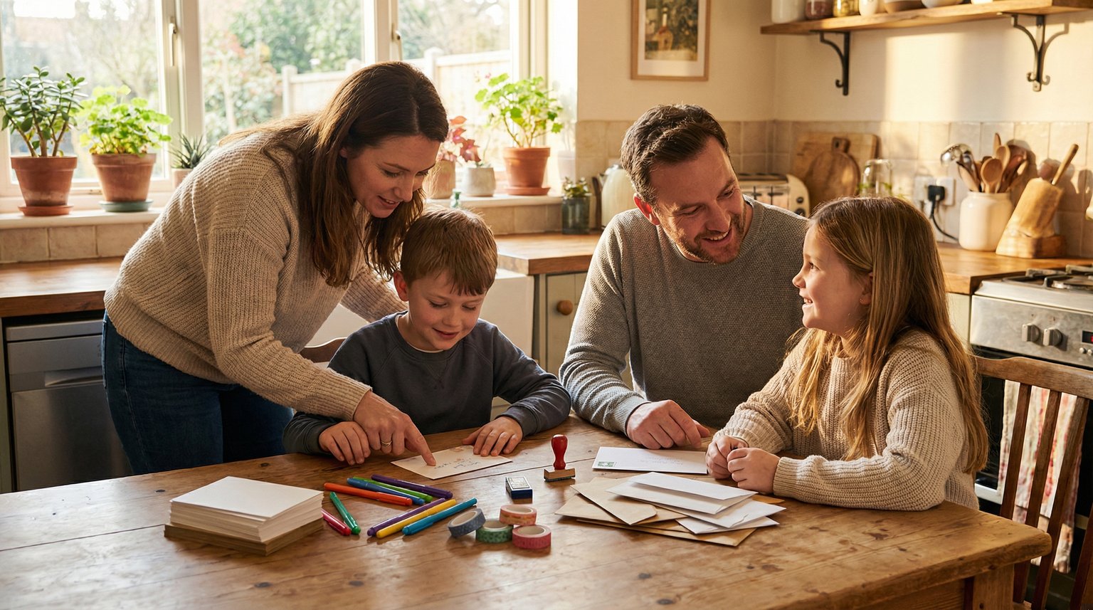 Family gathered around kitchen table with parent helping children write thank you notes together