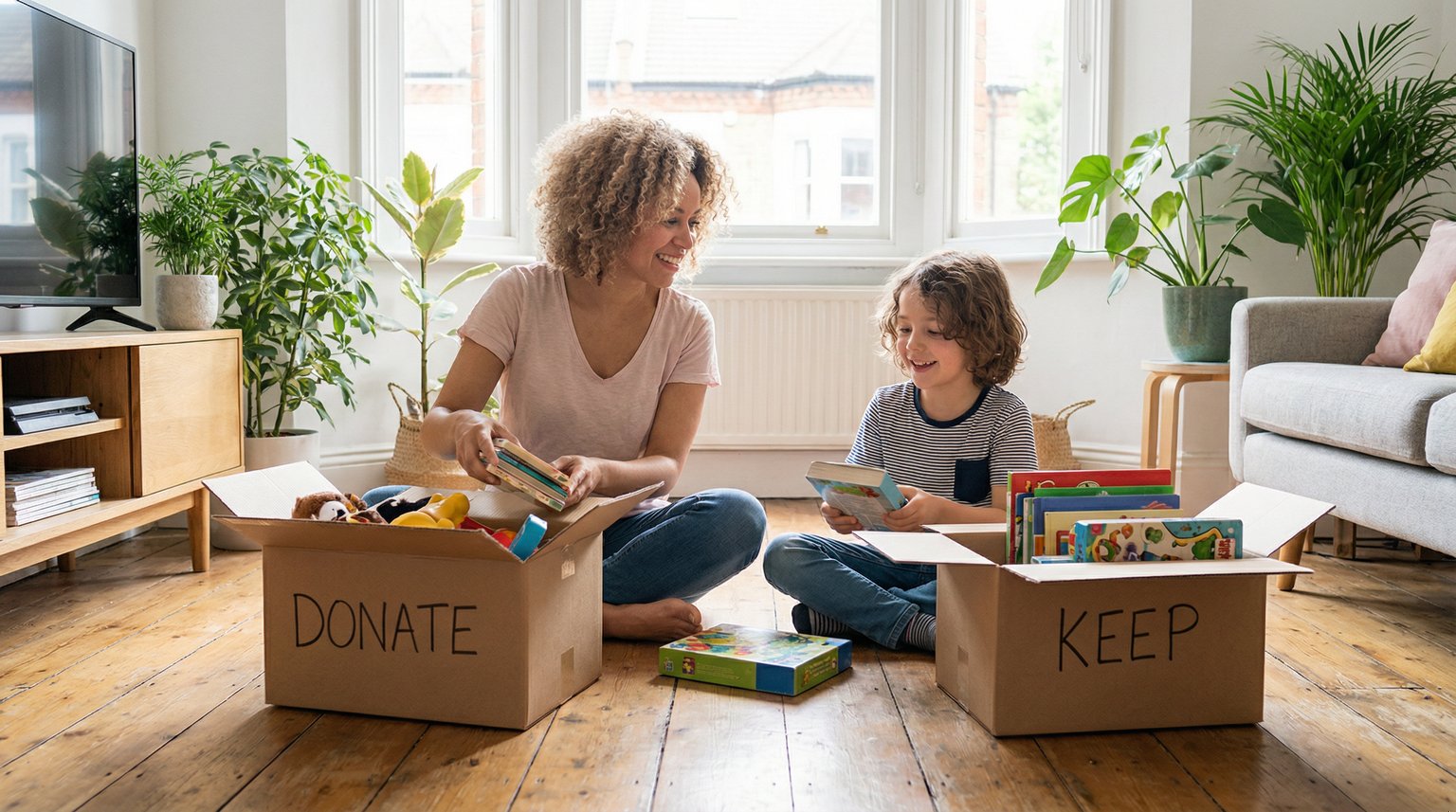 Parent and child sitting on floor together organizing toys into donation boxes working as team