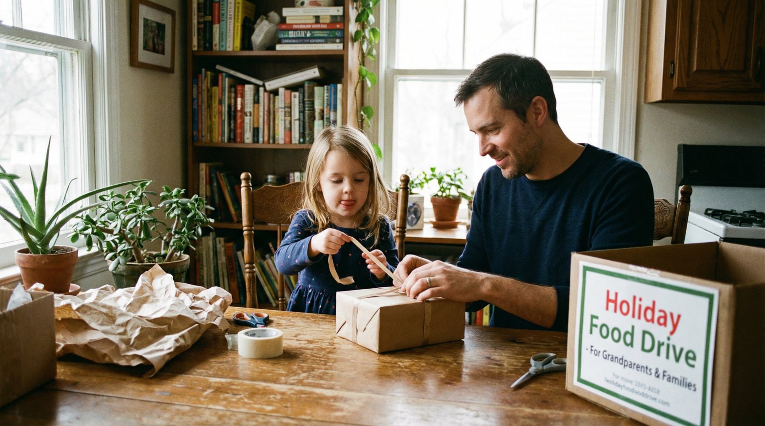 Parent and child together wrapping a gift for charity donation in warm home setting
