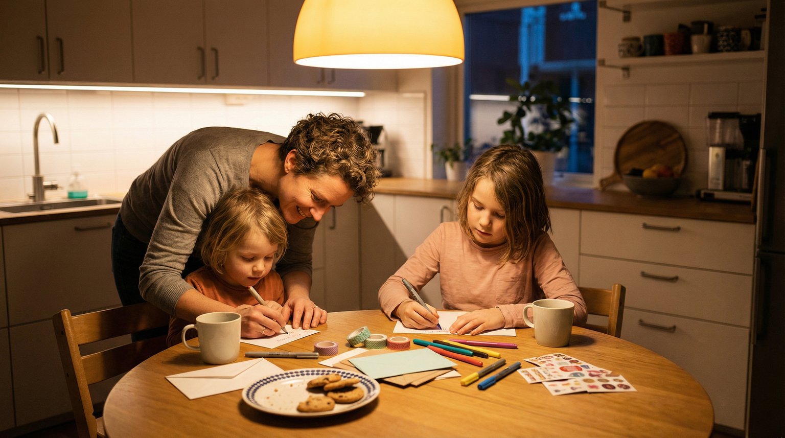 Parent and two children of different ages sitting together at dining table writing thank you notes with colorful supplies spread out