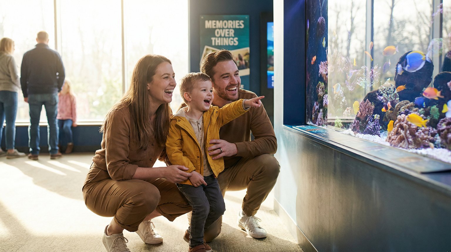 Young family at zoo with child pointing excitedly while parent crouches to share the moment