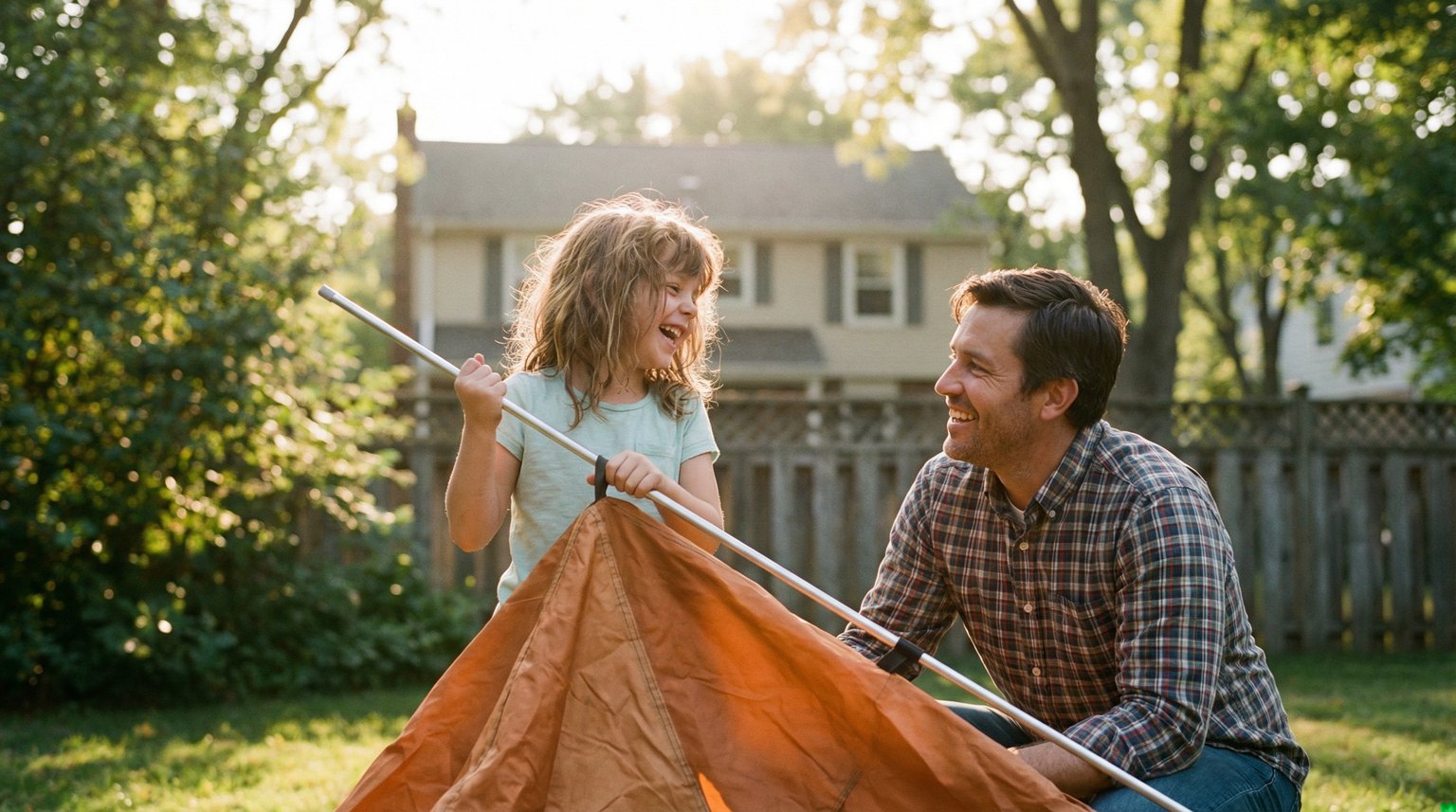Father and young daughter laughing while setting up tent in backyard at golden hour
