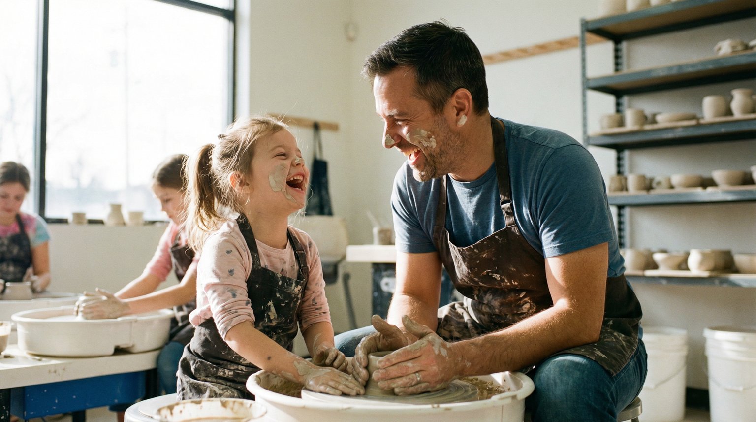 Father and daughter laughing together at pottery class with clay on their hands