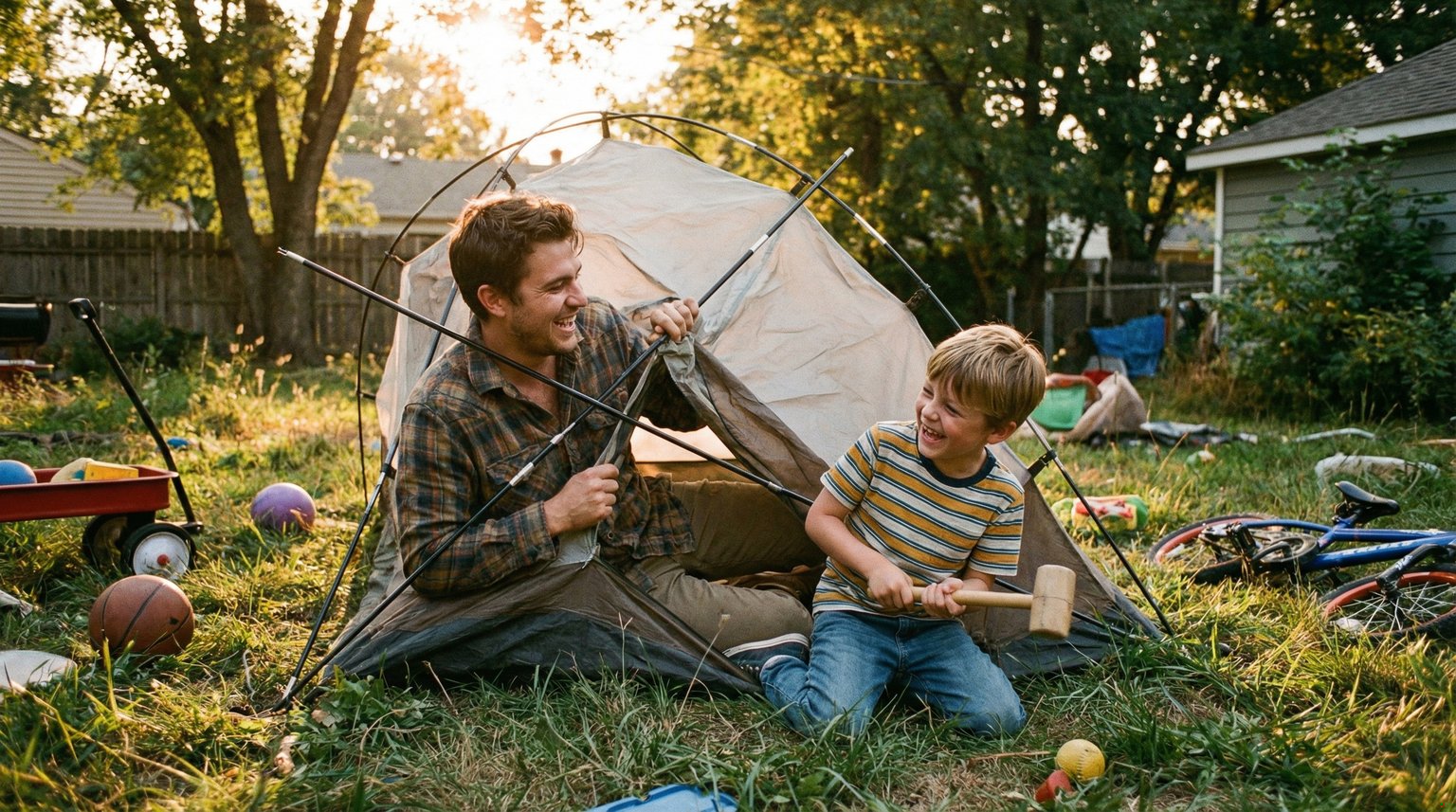 Father and son laughing while setting up lopsided tent in backyard at golden hour