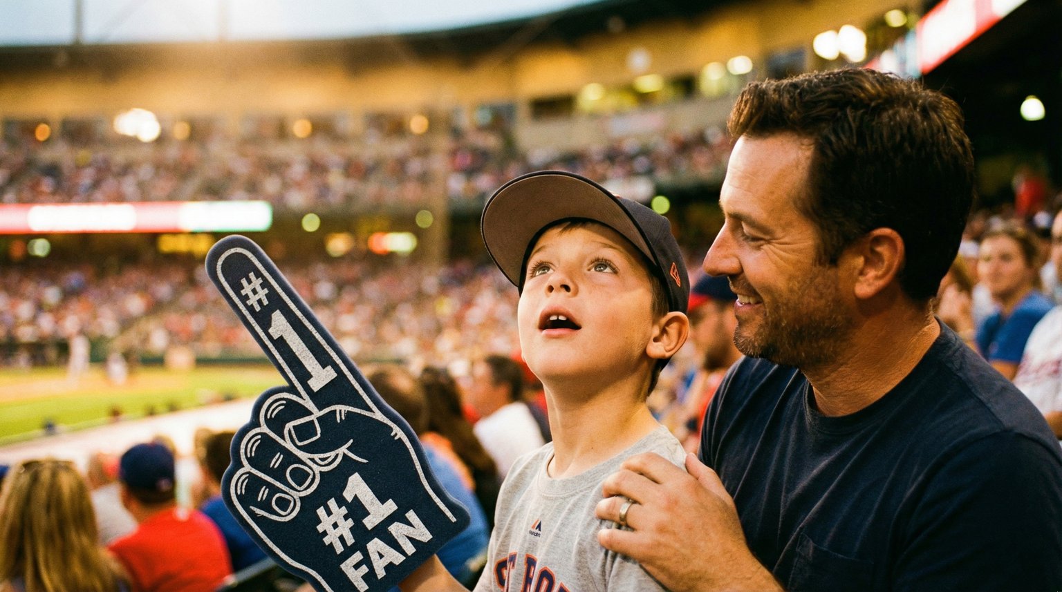 Father and son at baseball stadium with child holding foam finger looking up at field with wonder