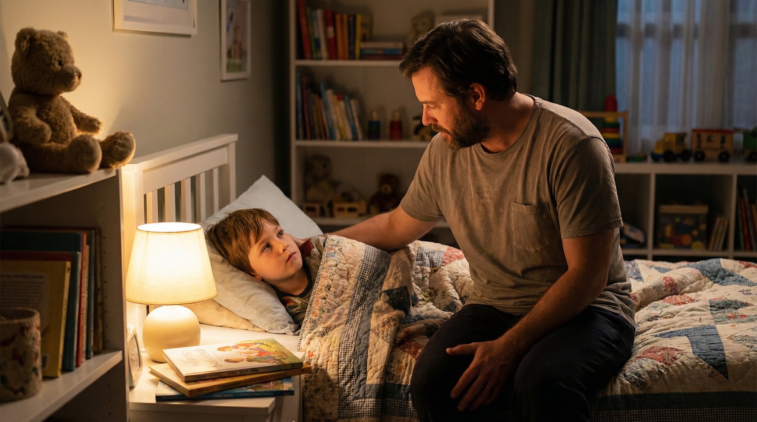 Father sitting on edge of bed with young son in dimly lit bedroom sharing a quiet bedtime moment