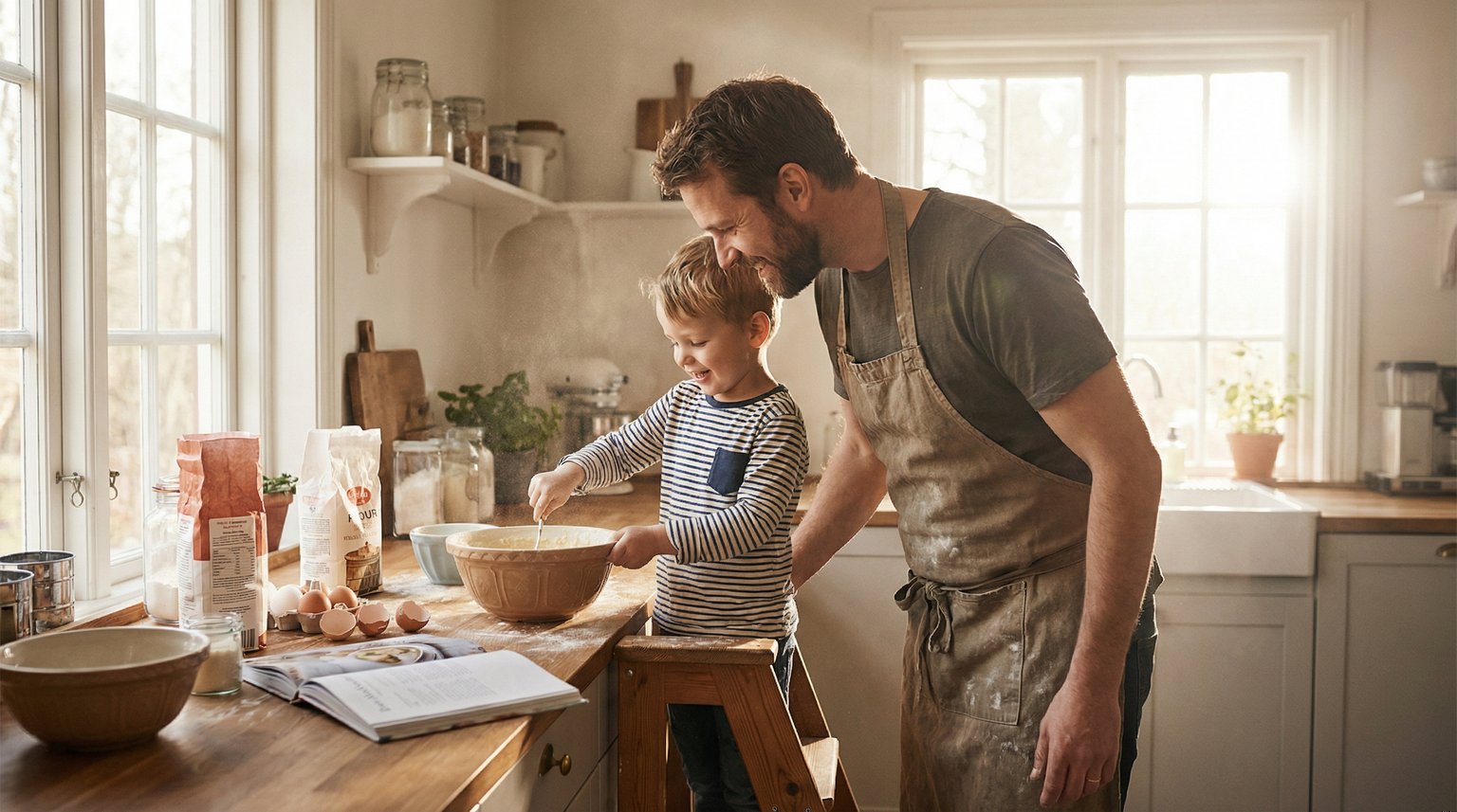 Father and young son cooking together in bright kitchen, child stirring bowl on step stool