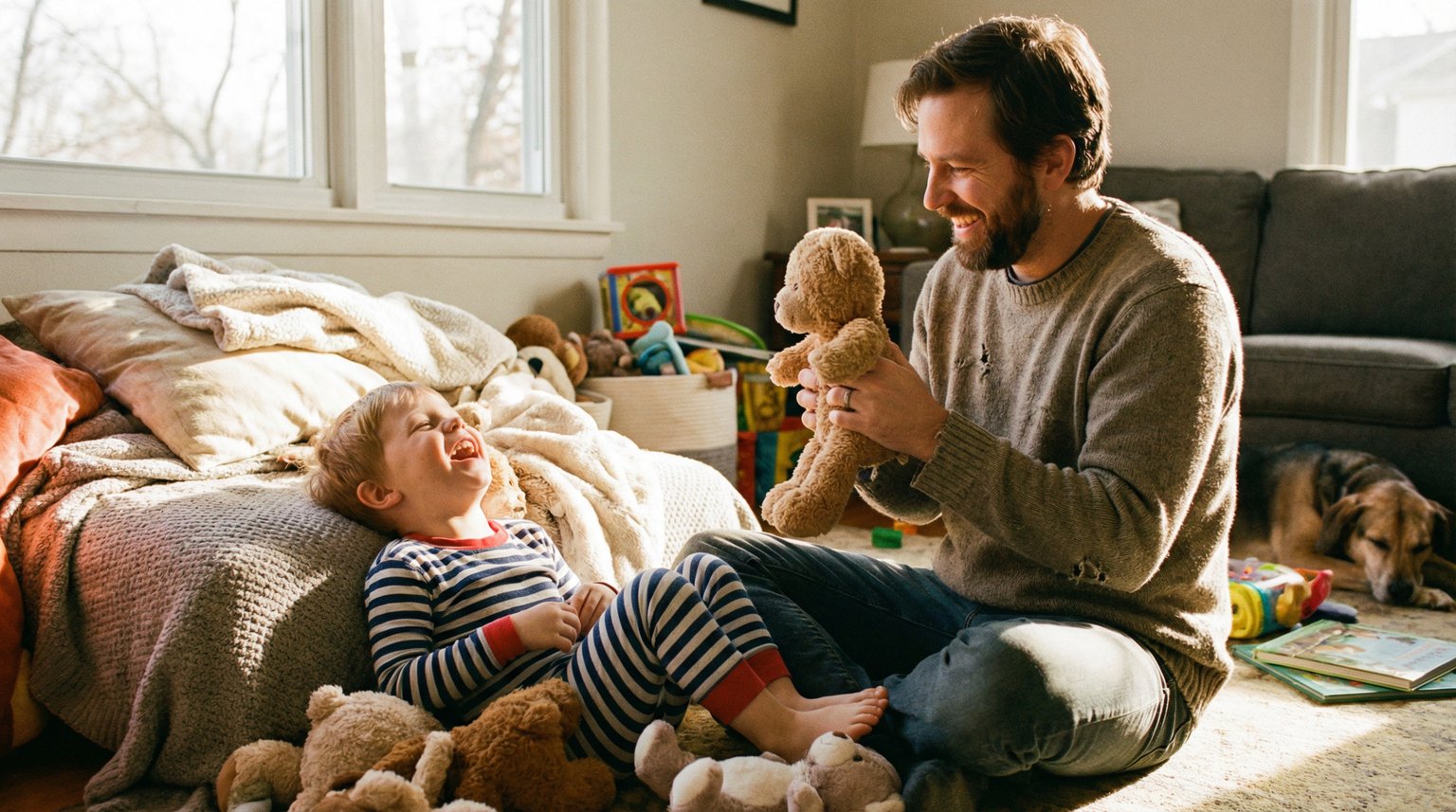 Father and young son engaged in pretend play with stuffed animals on living room floor