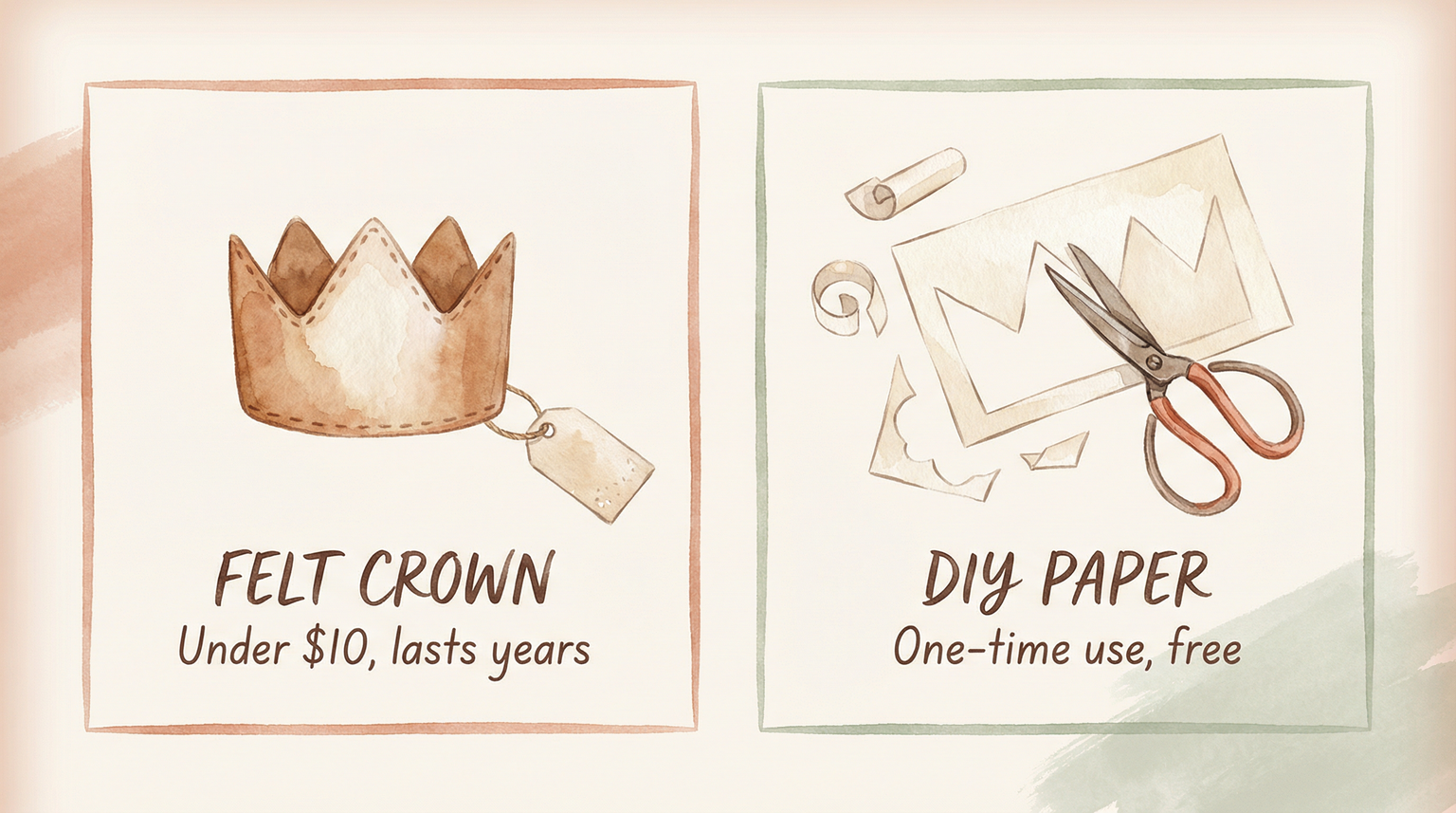 Comparison showing felt crown lasting years versus DIY paper crown for one-time use