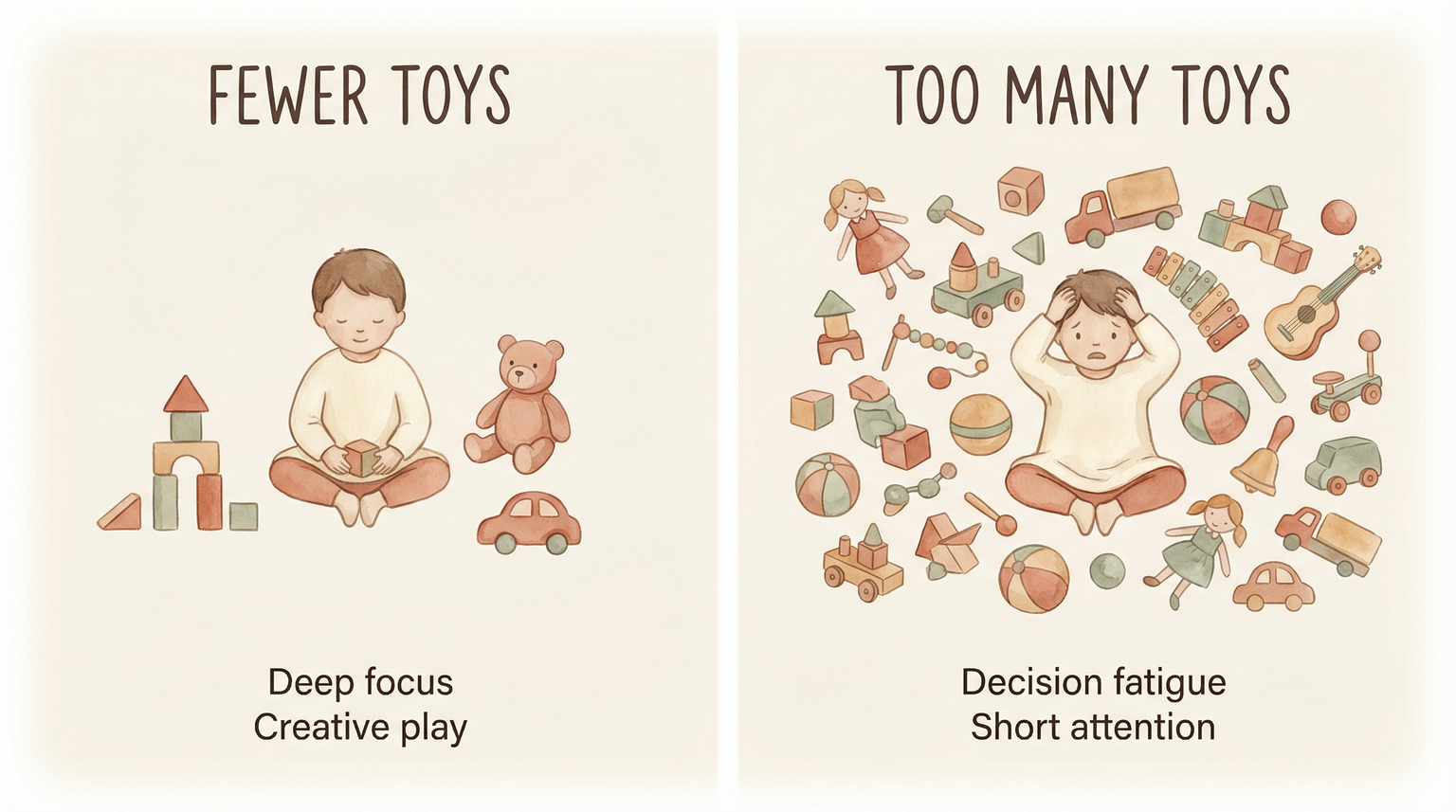 Comparison illustration showing calm focused child with few toys versus overwhelmed child with many toys