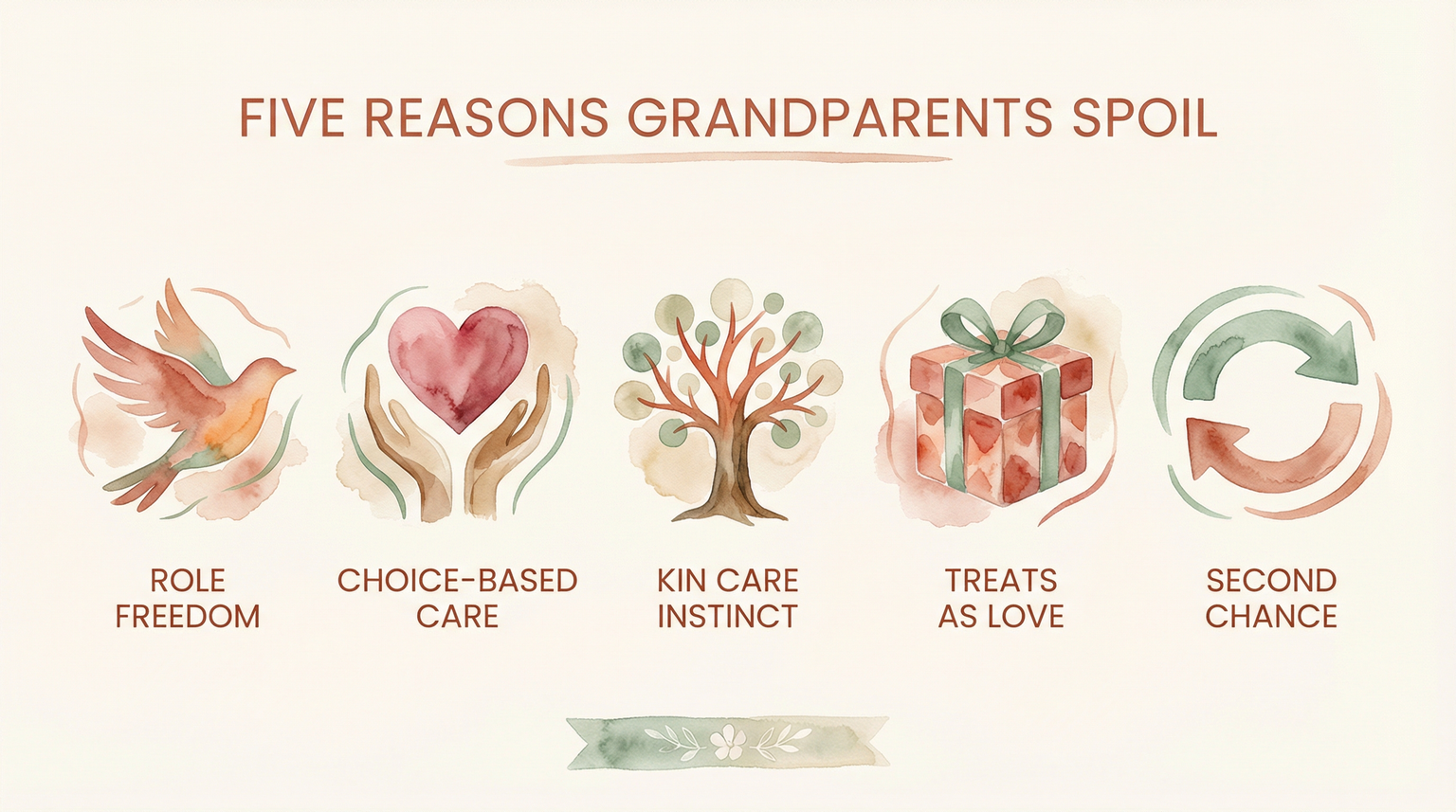Infographic showing five reasons grandparents spoil including role freedom, choice-based care, kin care instinct, treats as love, and second chance