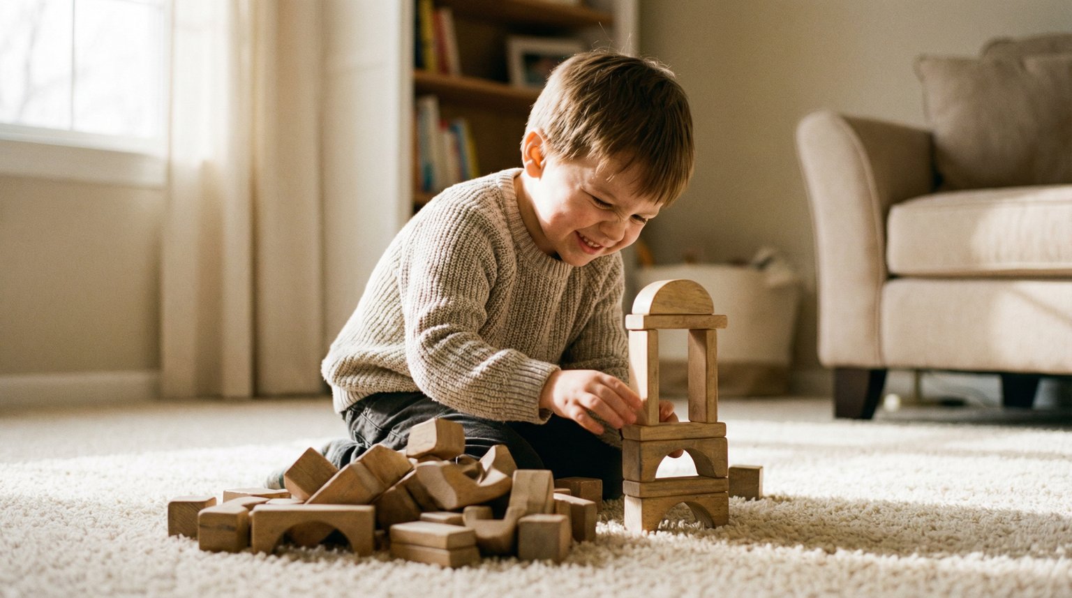 Preschool child deeply focused building with wooden toy set on soft carpet in warm natural light