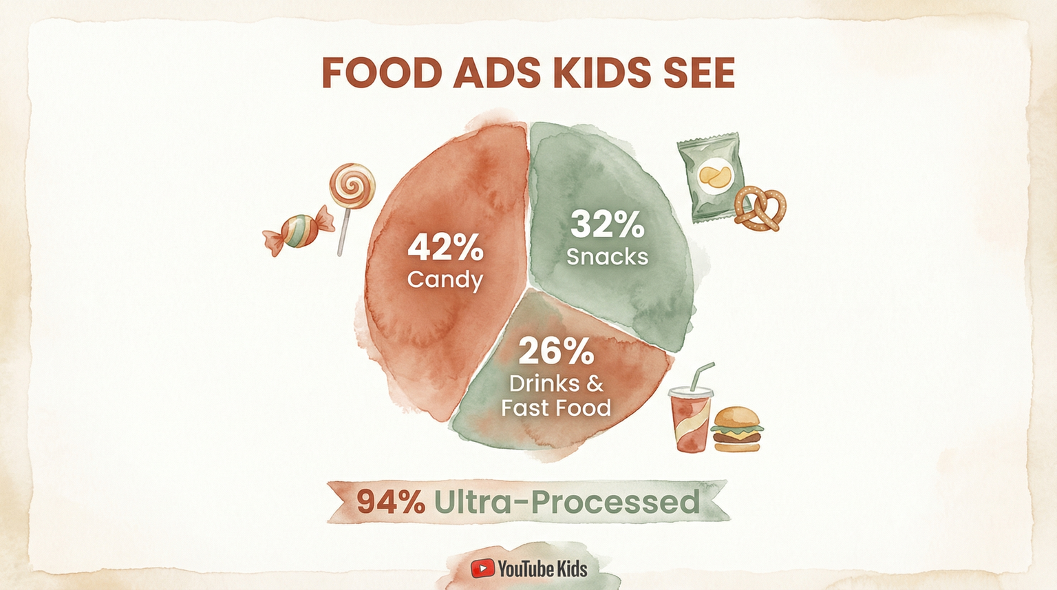 Pie chart showing food ads kids see with 42 percent candy, 32 percent snacks, and 94 percent ultra-processed total