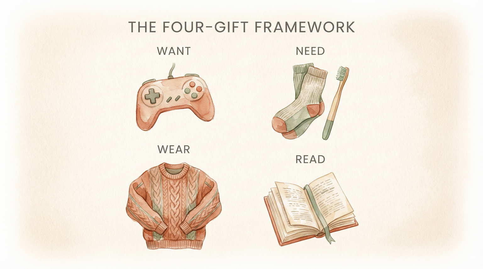 Four-gift framework infographic showing want, need, wear, and read categories