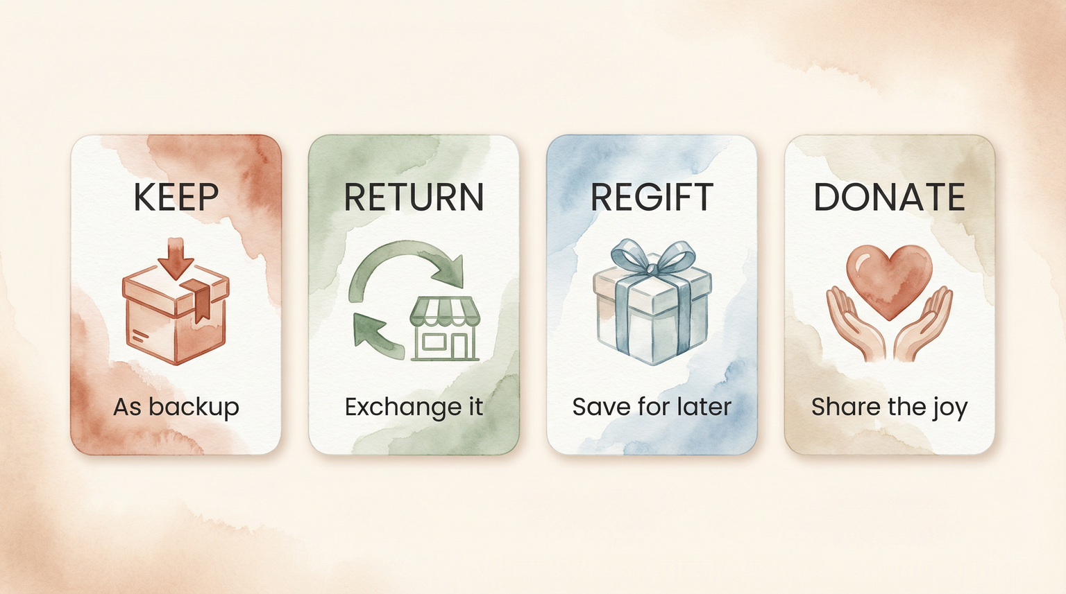 Four options for handling duplicate gifts showing keep return regift and donate with icons