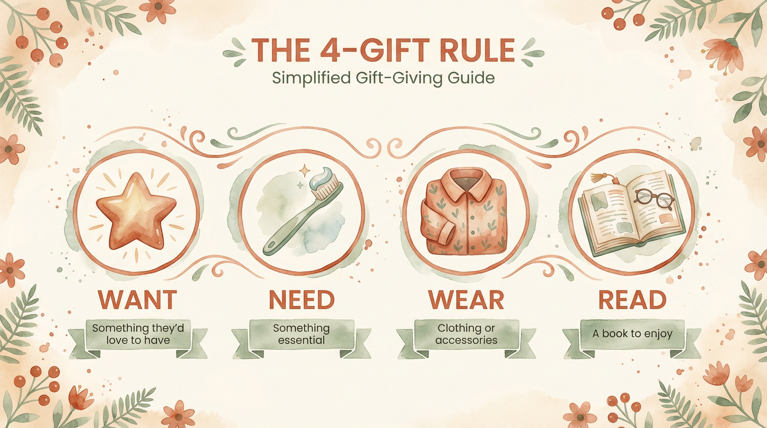 Four gift rule illustrated with icons showing want need wear and read categories