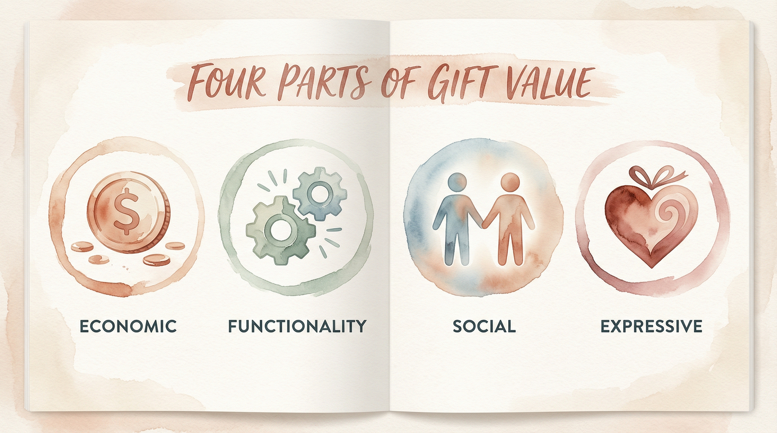 Infographic showing four components of gift value: economic, functionality, social, and expressive
