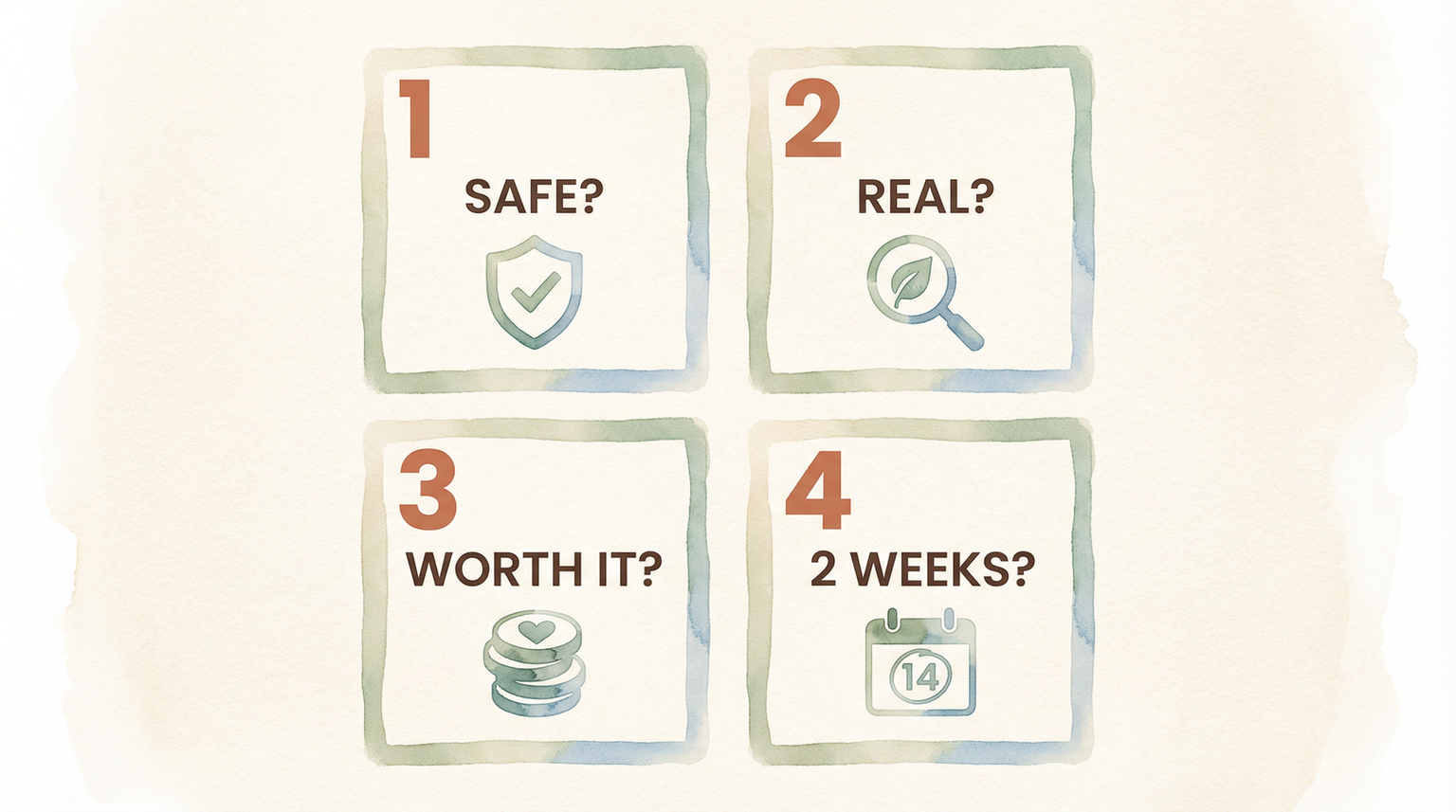 Four-question checklist grid showing Safe, Real, Worth It, and 2 Weeks evaluation criteria