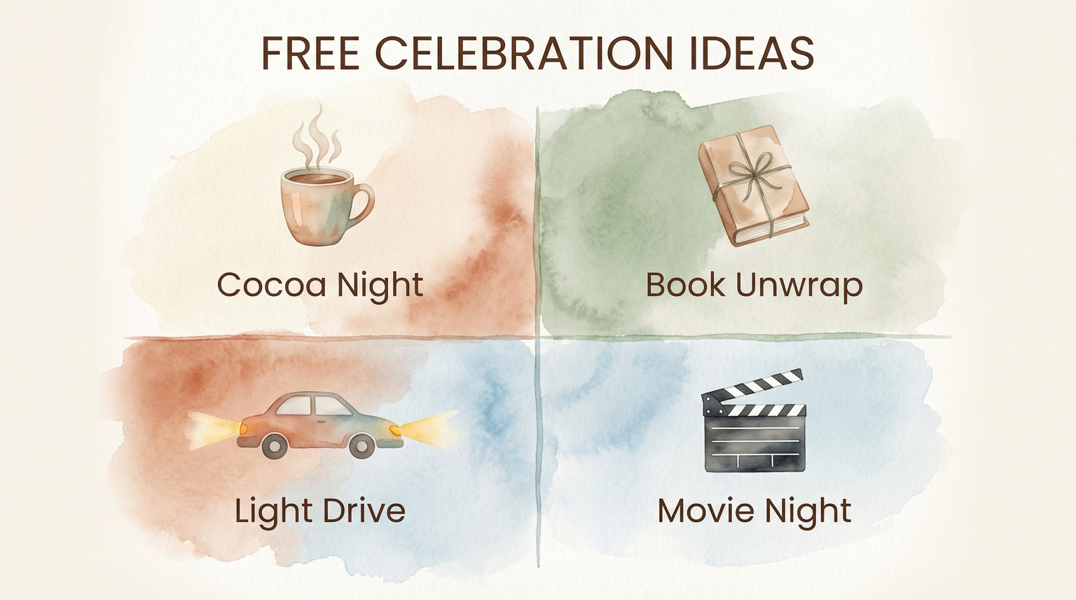 Grid showing four free celebration activity ideas including cocoa night and light drives