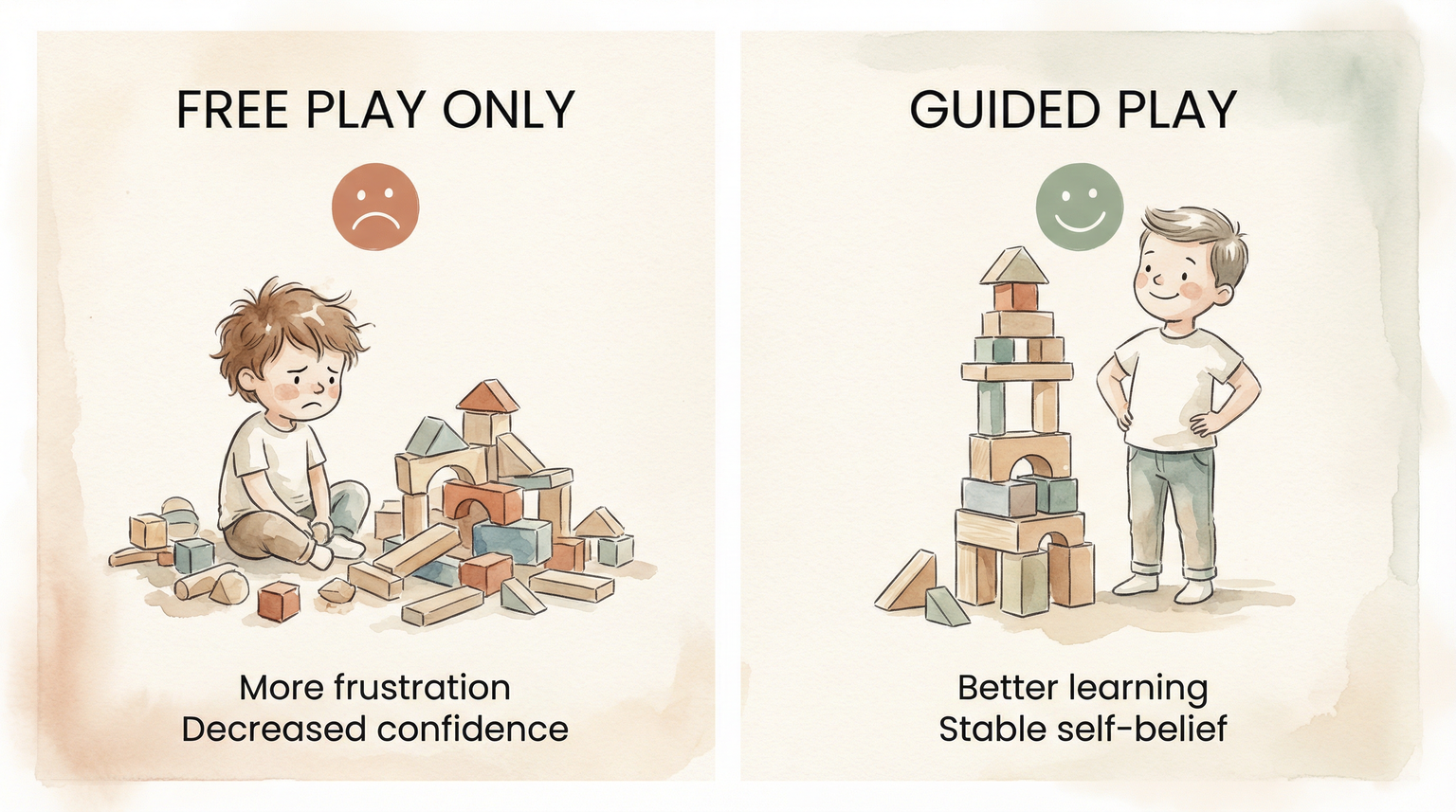 Comparison chart showing free play leads to frustration and decreased confidence while guided play improves learning