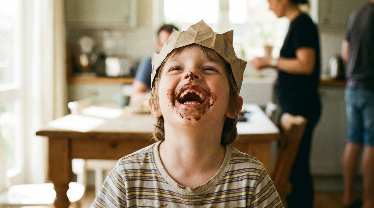 Joyful child around age 5 with frosting smeared on face laughing with pure delight wearing crooked paper party crown