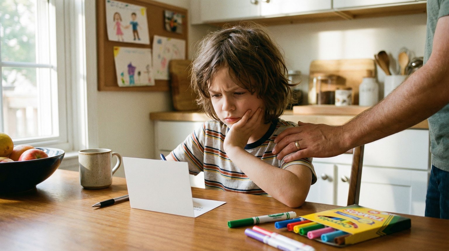 Eight-year-old with slightly frustrated expression sitting at table with blank thank you card, chin resting on hand
