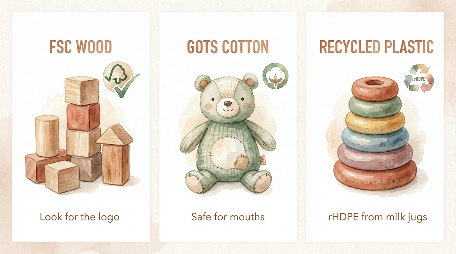 Three-panel infographic showing FSC wood certification, GOTS cotton certification, and recycled plastic rHDPE labels