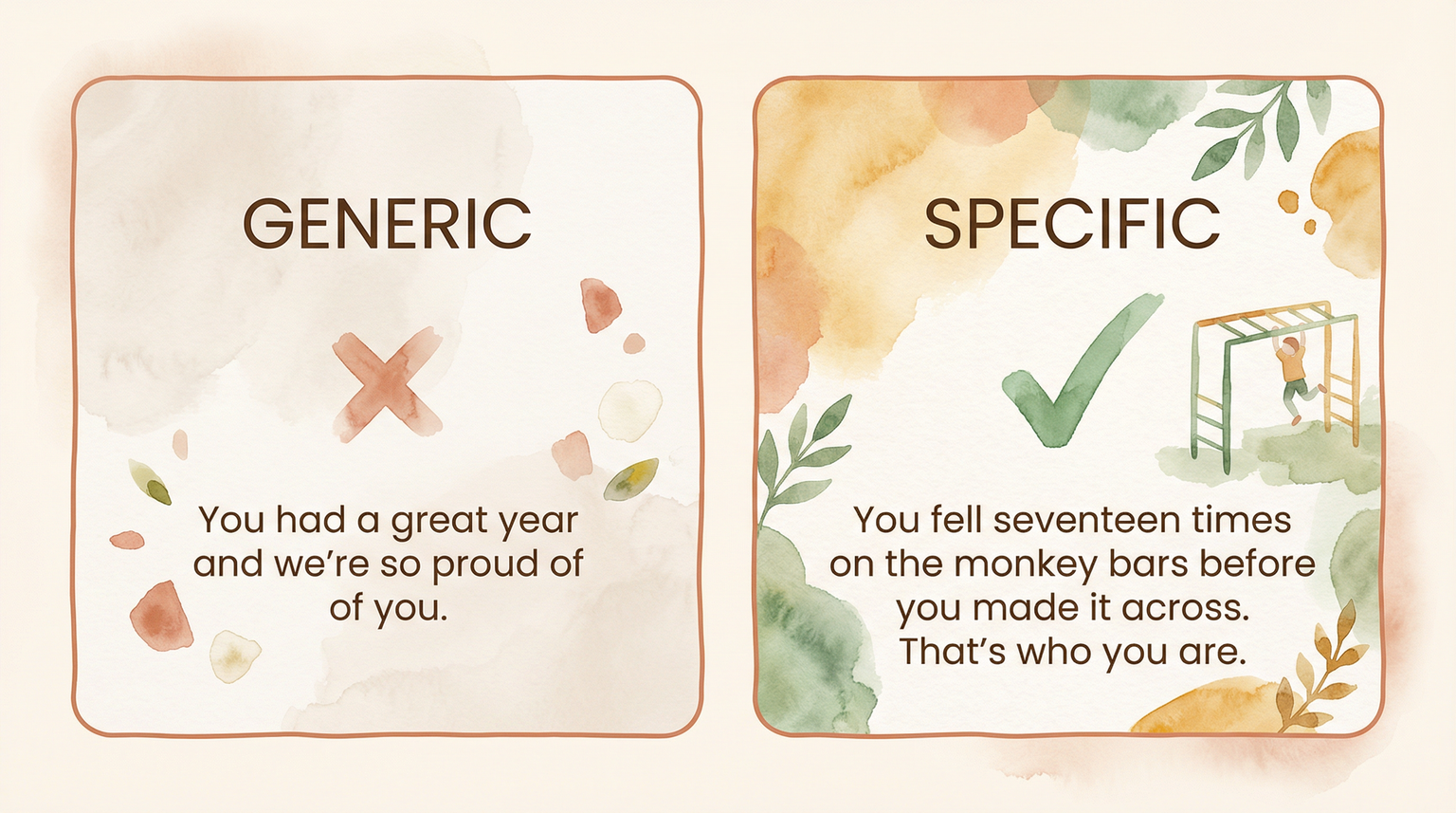 Comparison showing generic birthday message versus specific personal memory about monkey bars