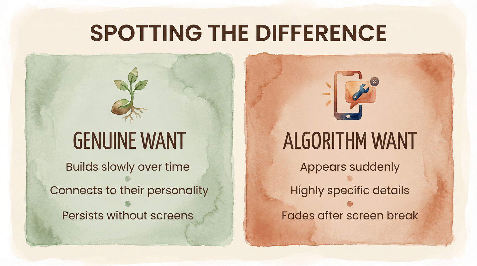 Comparison chart showing differences between genuine wants that build slowly versus algorithm wants that appear suddenly