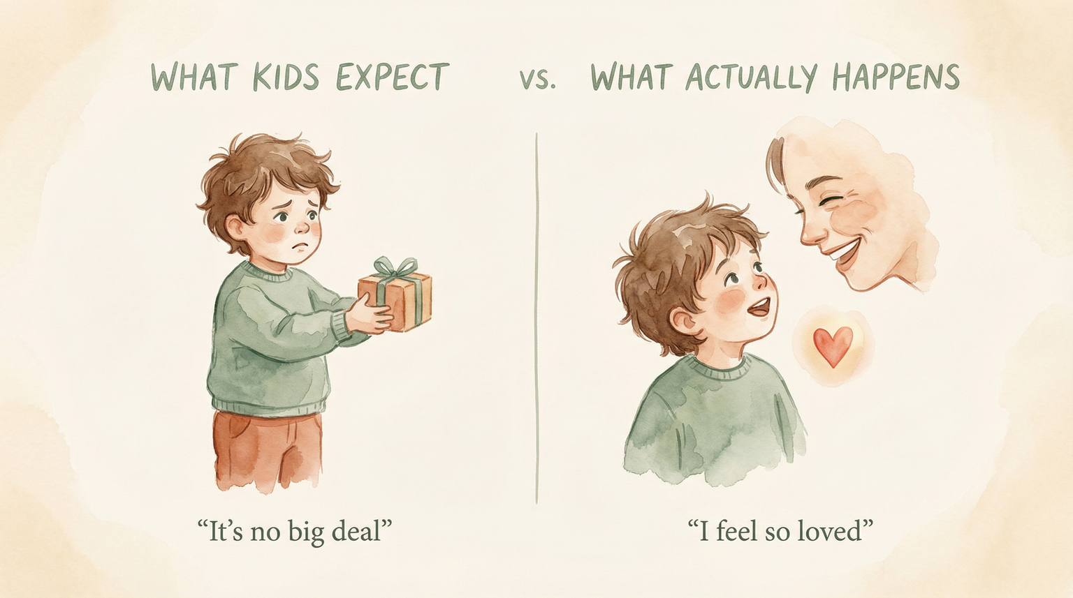 Comparison showing what kids expect versus what actually happens when they give gifts