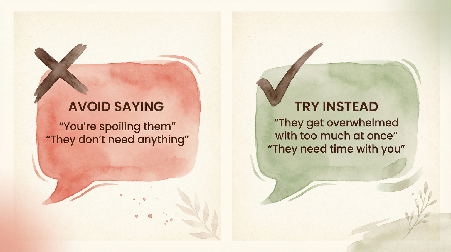 Comparison chart showing phrases to avoid versus helpful alternatives when discussing gifts with grandparents