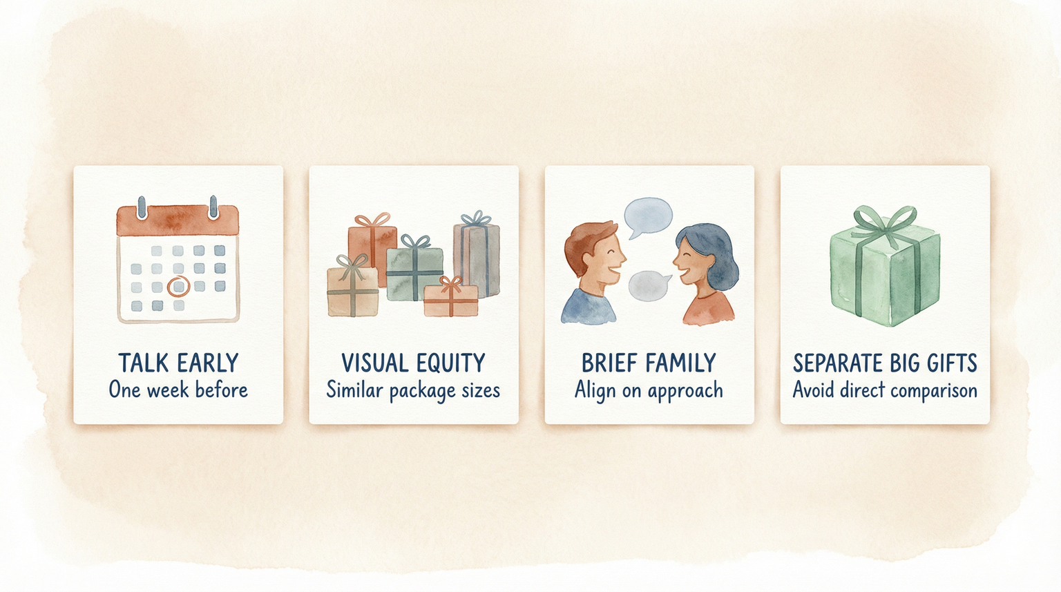 Four strategy icons showing talk early, visual equity, brief family, and separate big gifts