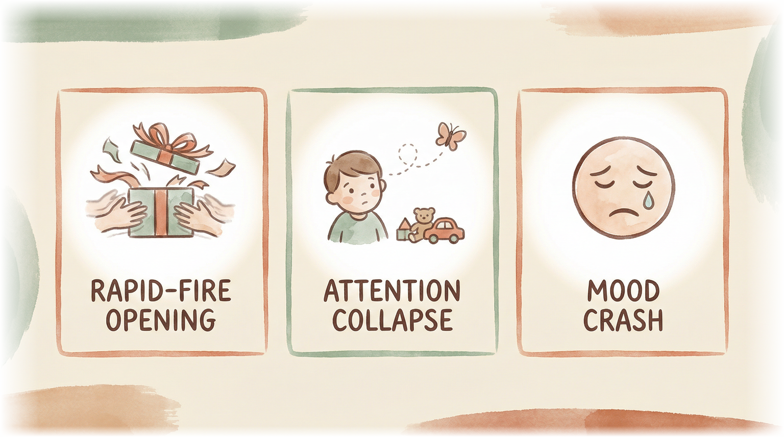 Illustration showing three stages of gift overload from rapid opening to attention collapse to mood crash