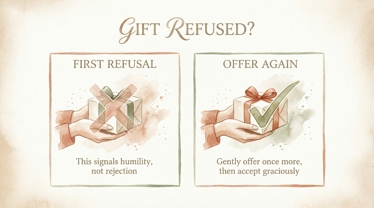 Two-step visual showing gift refusal etiquette: first refusal signals humility, offer again gently