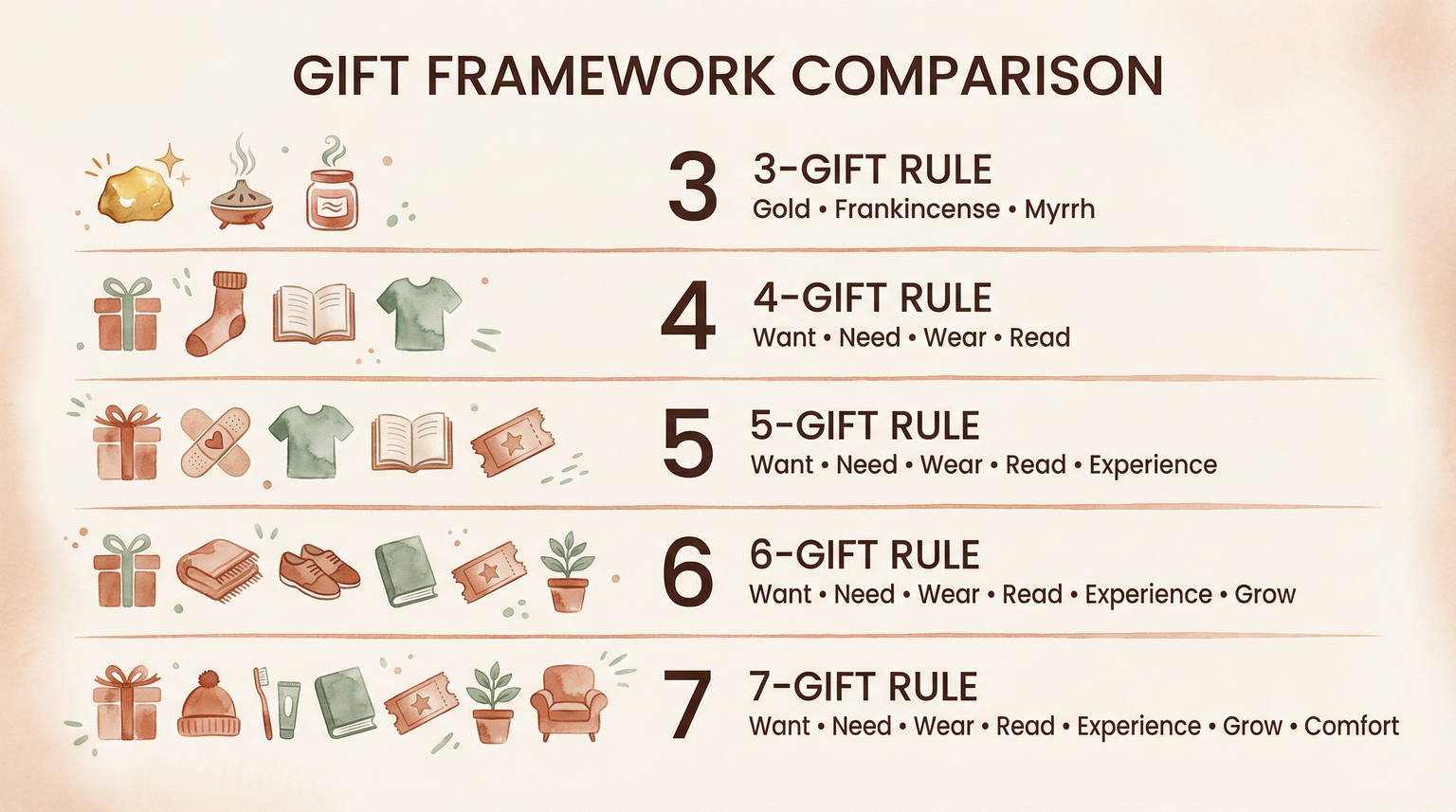 Four-panel watercolor illustration showing Want, Need, Wear, Read categories with toy robot, lunchbox, sweater, and book icons