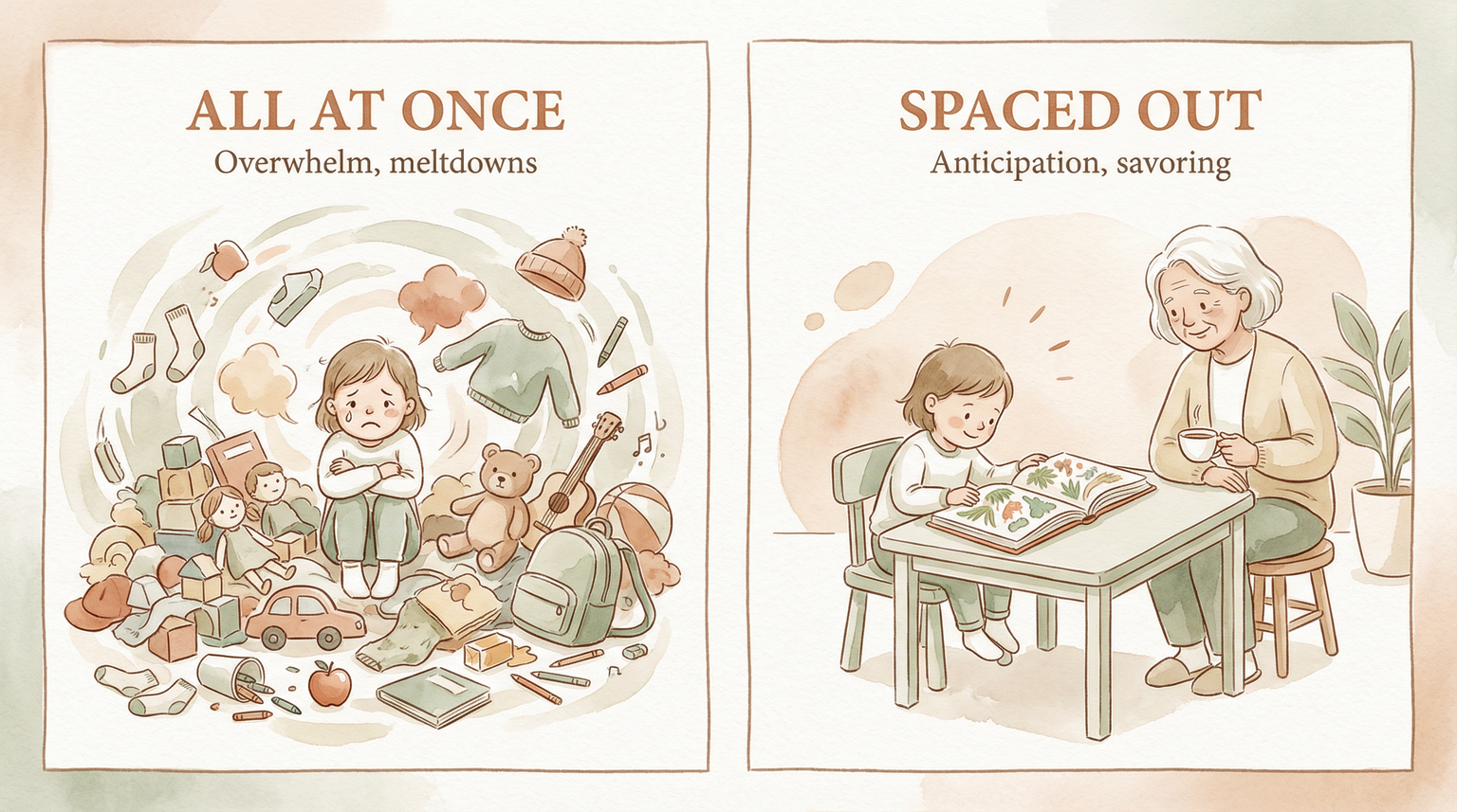 Comparison showing child overwhelmed by many gifts at once versus happy child savoring spaced-out gifts