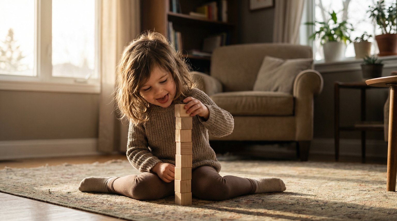 4-year-old girl absorbed in building tower with natural wooden blocks in warm morning light