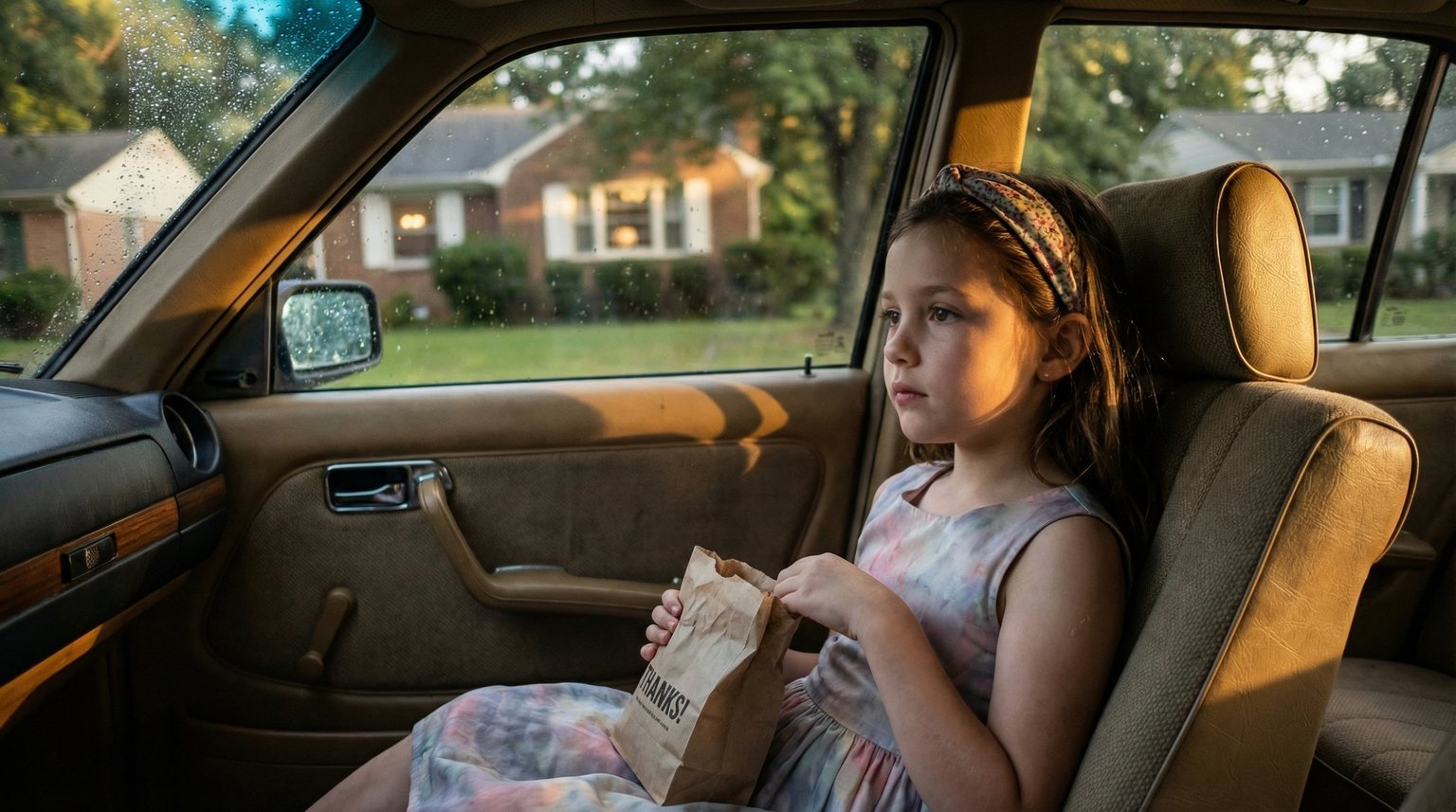 Young girl sitting quietly in car backseat after birthday party, holding party favor bag and looking pensively out window